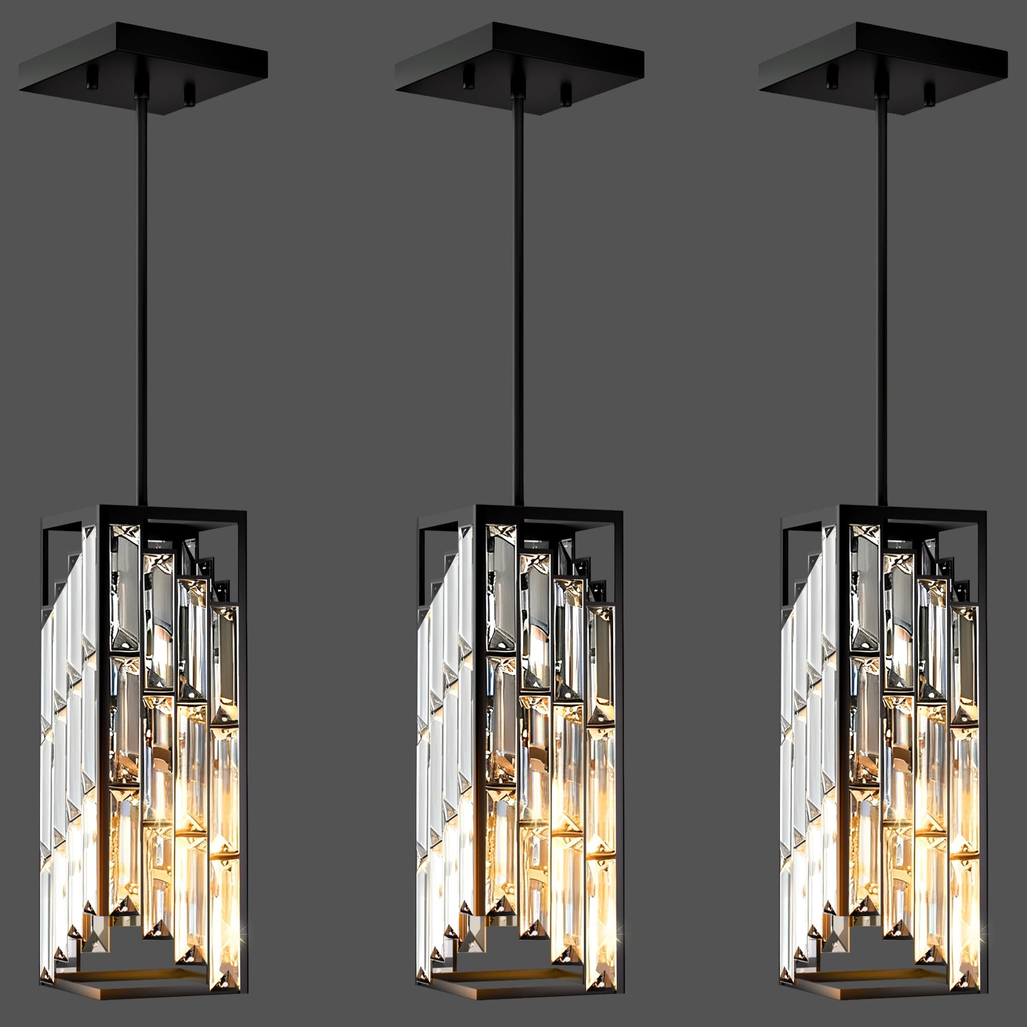 Black Pendant Lights Kitchen Island 3 Pack, Mini Crystal Chandeliers, Modern Pendant Lights Ceiling Lighting Fixtures for Kitchen Island, Dinning Room, Bedroom