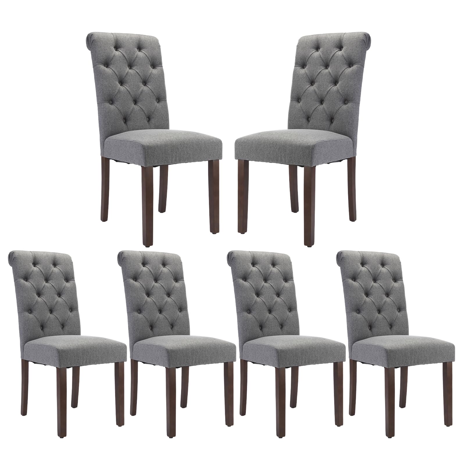 COLAMY Button Tufted Dining Chairs Set of 6, Parsons Upholstered Fabric Dining Room Chairs Kitchen Chairs with Wood Legs and Padded Seat, Taupe