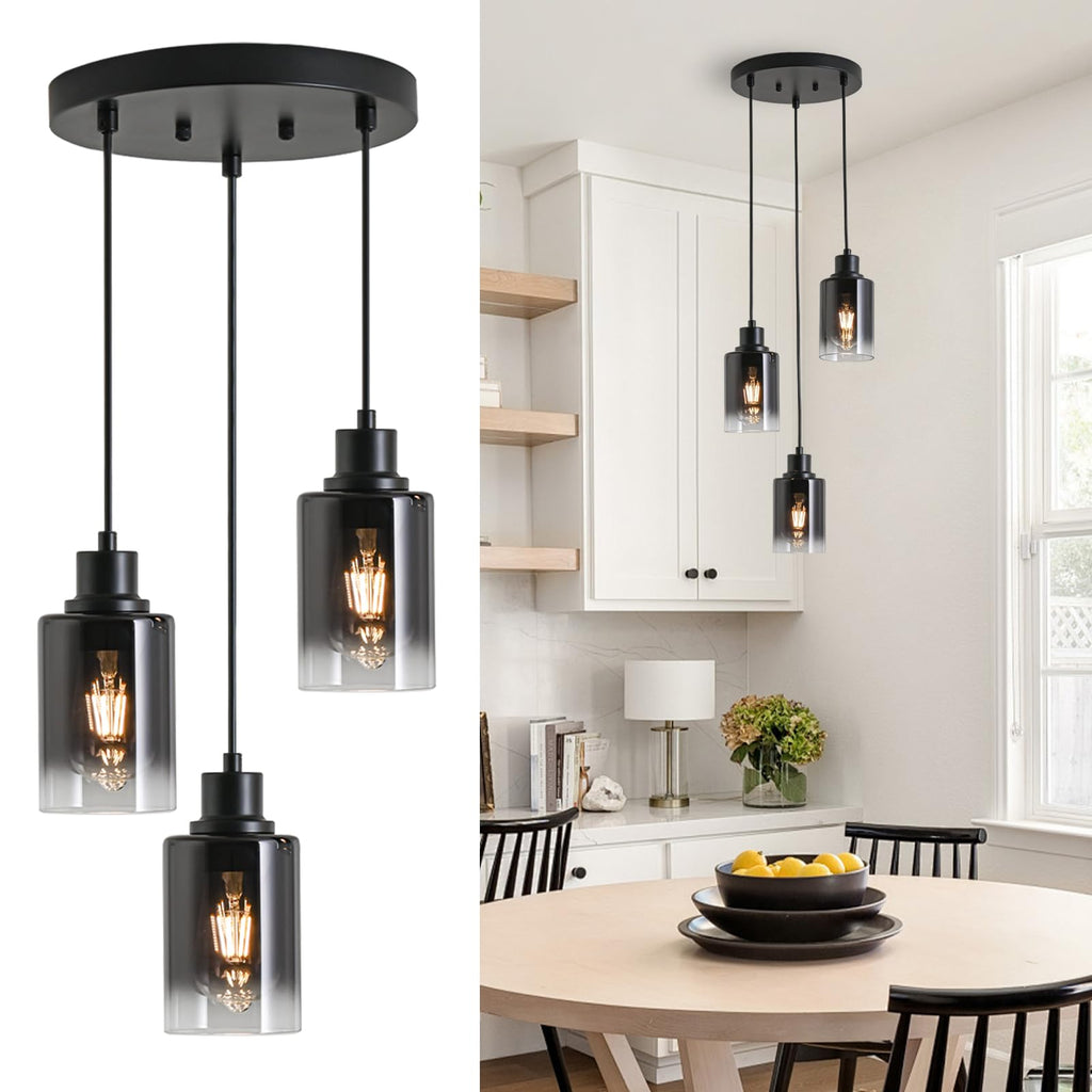 3-Pack Black Pendant Light Fixtures, Adjustable Modern Pendant Lights for Kitchen Island, Industrial Glass Pendant Lights for Dining Table Hallway Bedroom Living Room