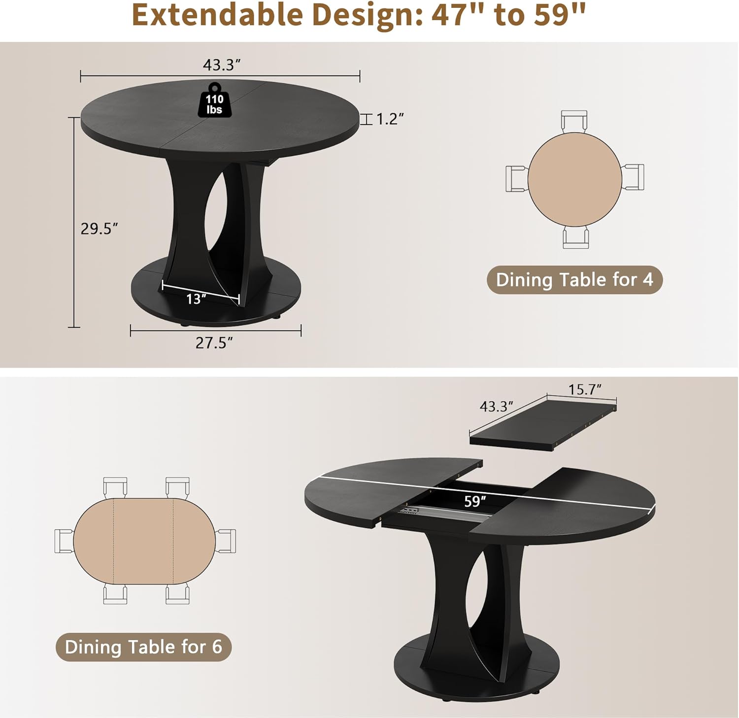 iPormis 43"-59" Extendable Dining Table, Round Kitchen Table with Modern Arcs Pedestal, Oval Dinner Table with Removable Leaves,Hidden Storage, for Kitchen, Dining Room, Living Room, Office, Black