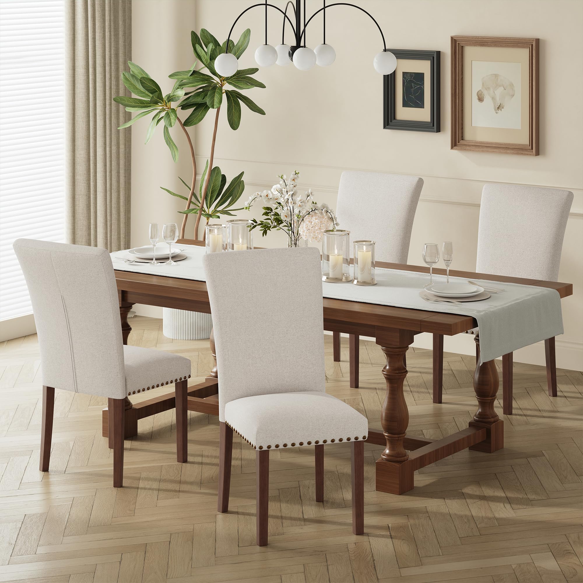 COLAMY Upholstered Fabric Dining Chairs Set of 6, High Back Padded Chairs w/Nailed Trim & Solid Wood Legs, Classic Parsons Chairs Side Chair for Home/Kitchen/Living Room-Beige (A420-BEIGE-6pcs)