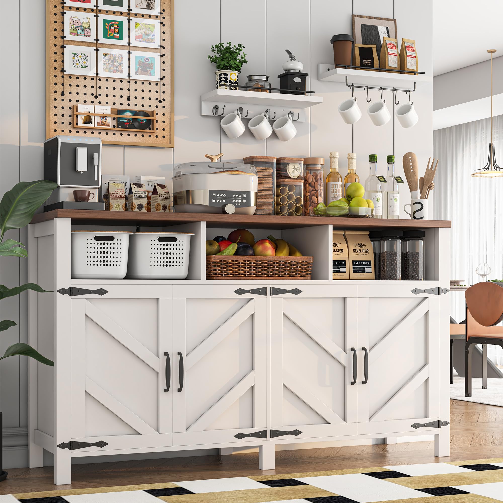 knoworld Buffet Sideboard with Storage with Power Outlets & LED Light 4 Doors, 55'' Large Farmhouse Kitchen Storage Cabinet Wood Coffee Bar Cabinet Buffet Table for Kitchen, Dining Room, Entryway