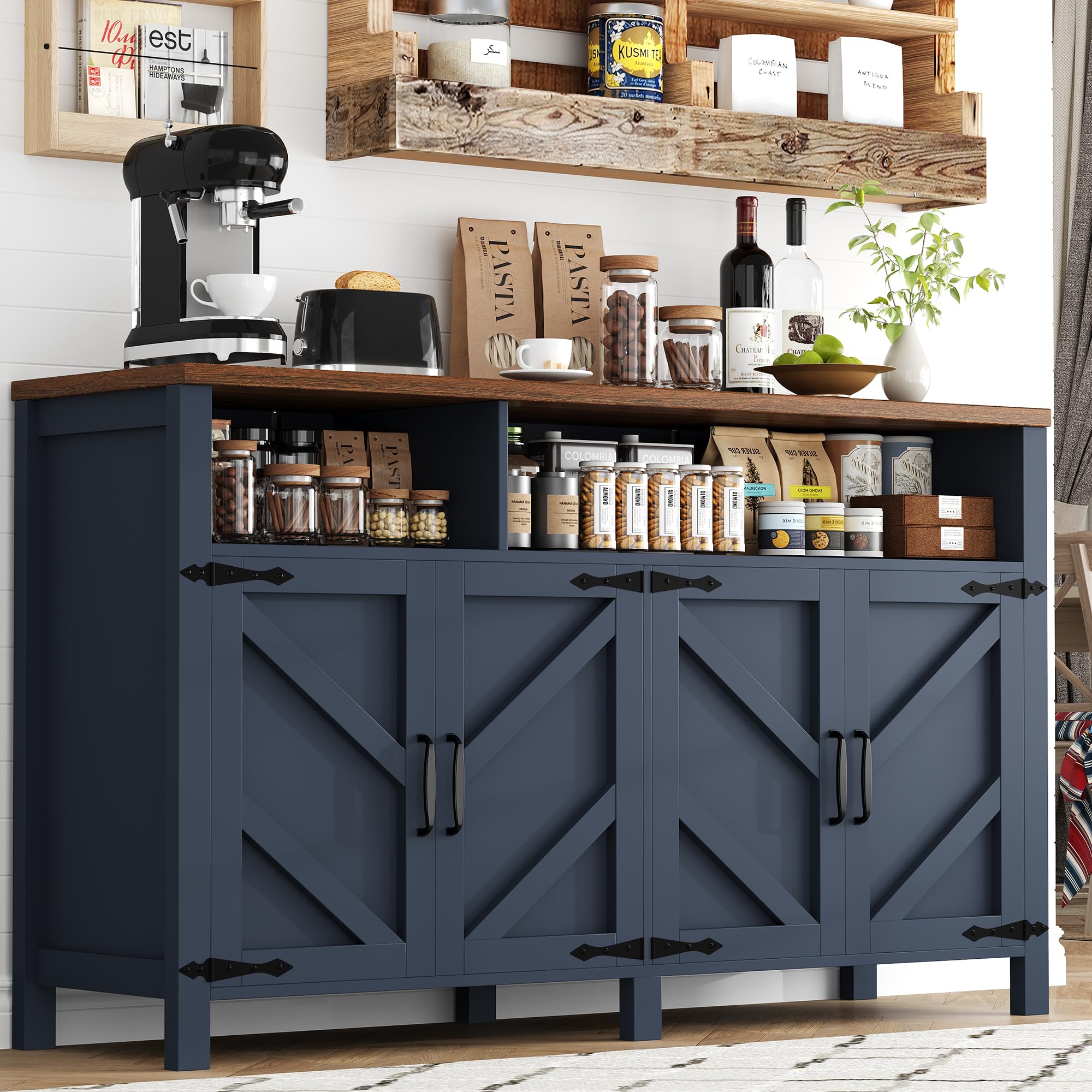 knoworld Buffet Sideboard with Storage with Power Outlets & LED Light 4 Doors, 55'' Large Farmhouse Kitchen Storage Cabinet Wood Coffee Bar Cabinet Buffet Table for Kitchen, Dining Room, Entryway