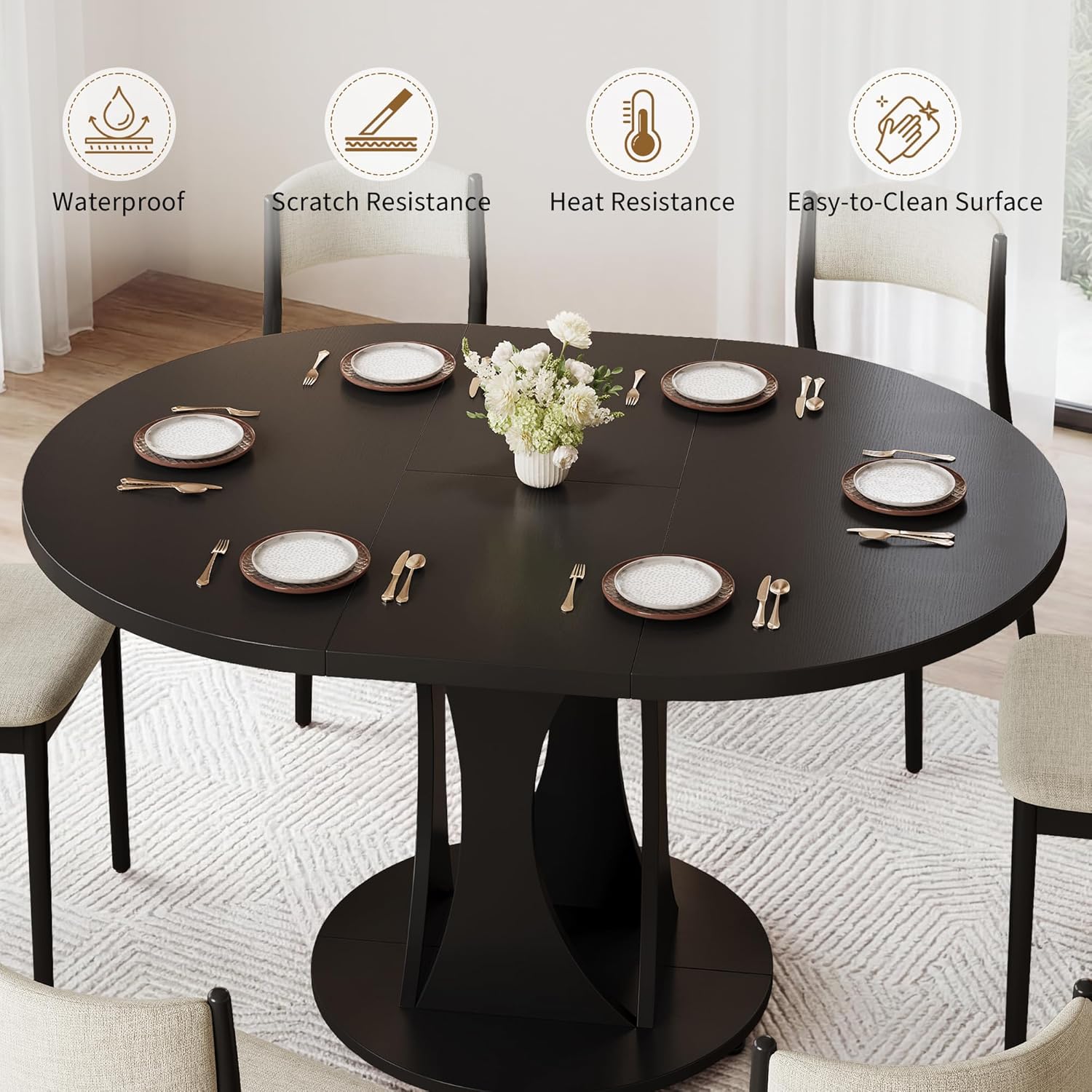 iPormis 43"-59" Extendable Dining Table, Round Kitchen Table with Modern Arcs Pedestal, Oval Dinner Table with Removable Leaves,Hidden Storage, for Kitchen, Dining Room, Living Room, Office, Black