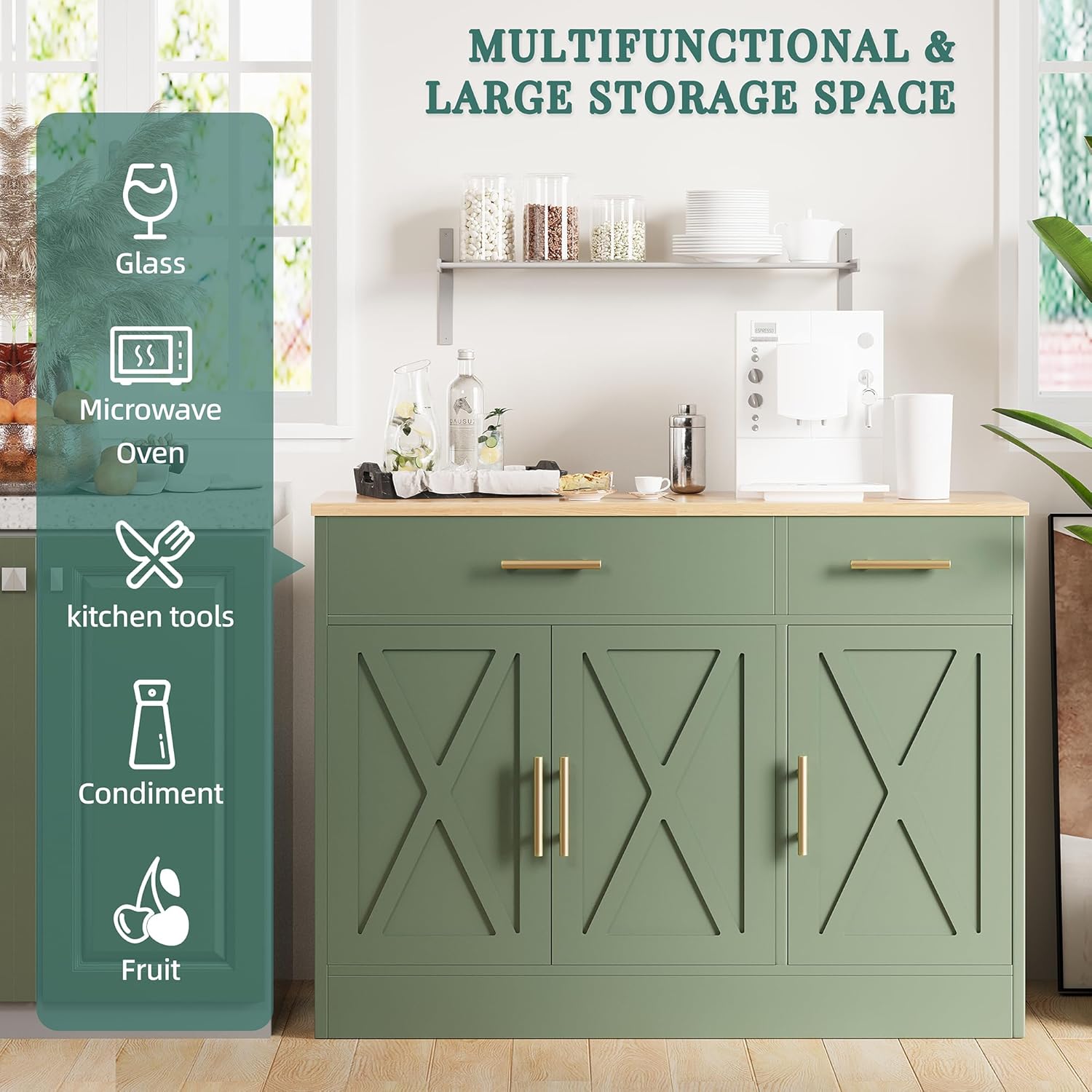 Shintenchi Modern Farmhouse Sideboard Buffet Cabinet with Storage with 3 Doors,42" Barn Doors Buffet Cabinet with Storage, Wood Coffee Bar Cabinets with Adjustable Shelf for Kitchen Living Room,Green