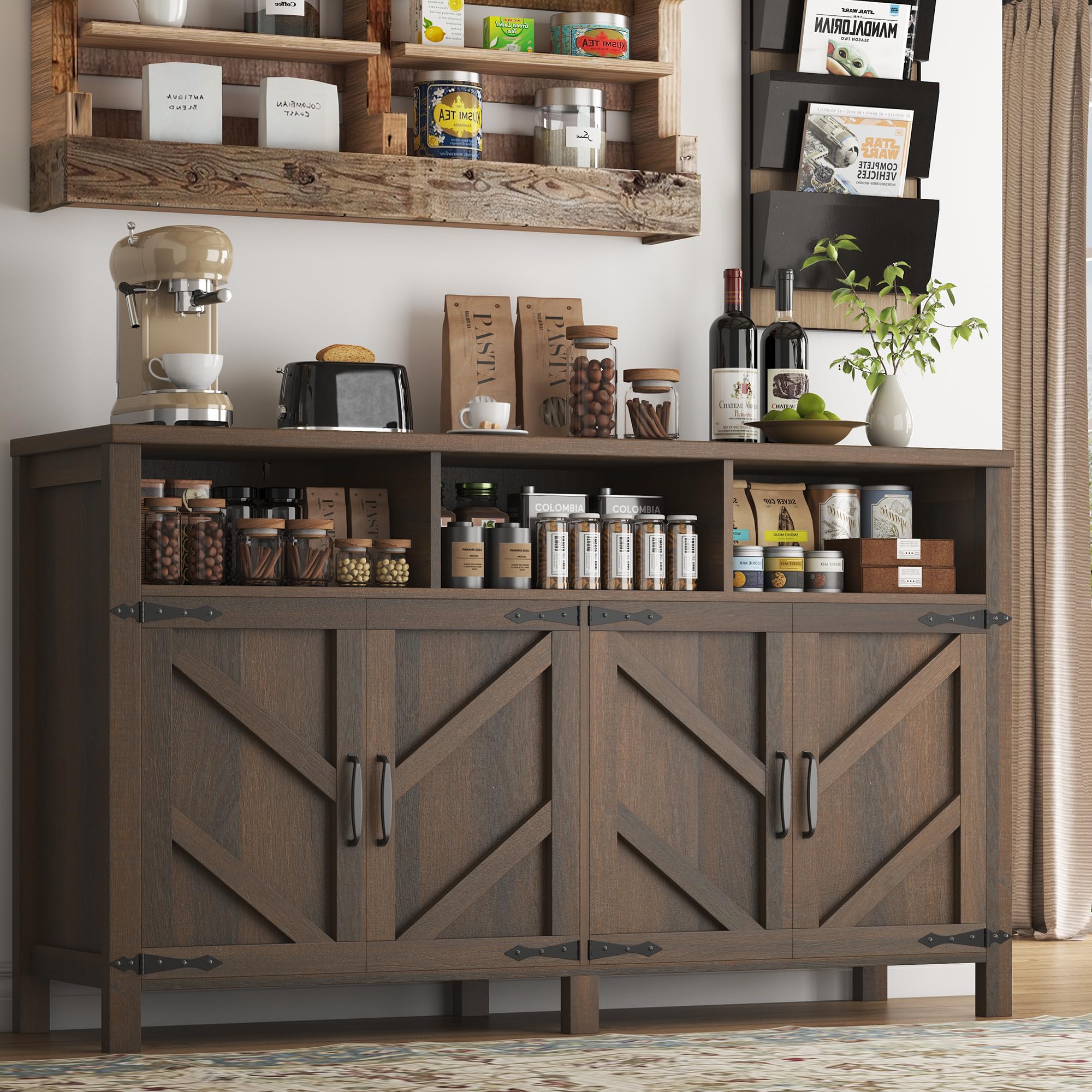 knoworld Buffet Sideboard with Storage with Power Outlets & LED Light 4 Doors, 55'' Large Farmhouse Kitchen Storage Cabinet Wood Coffee Bar Cabinet Buffet Table for Kitchen, Dining Room, Entryway