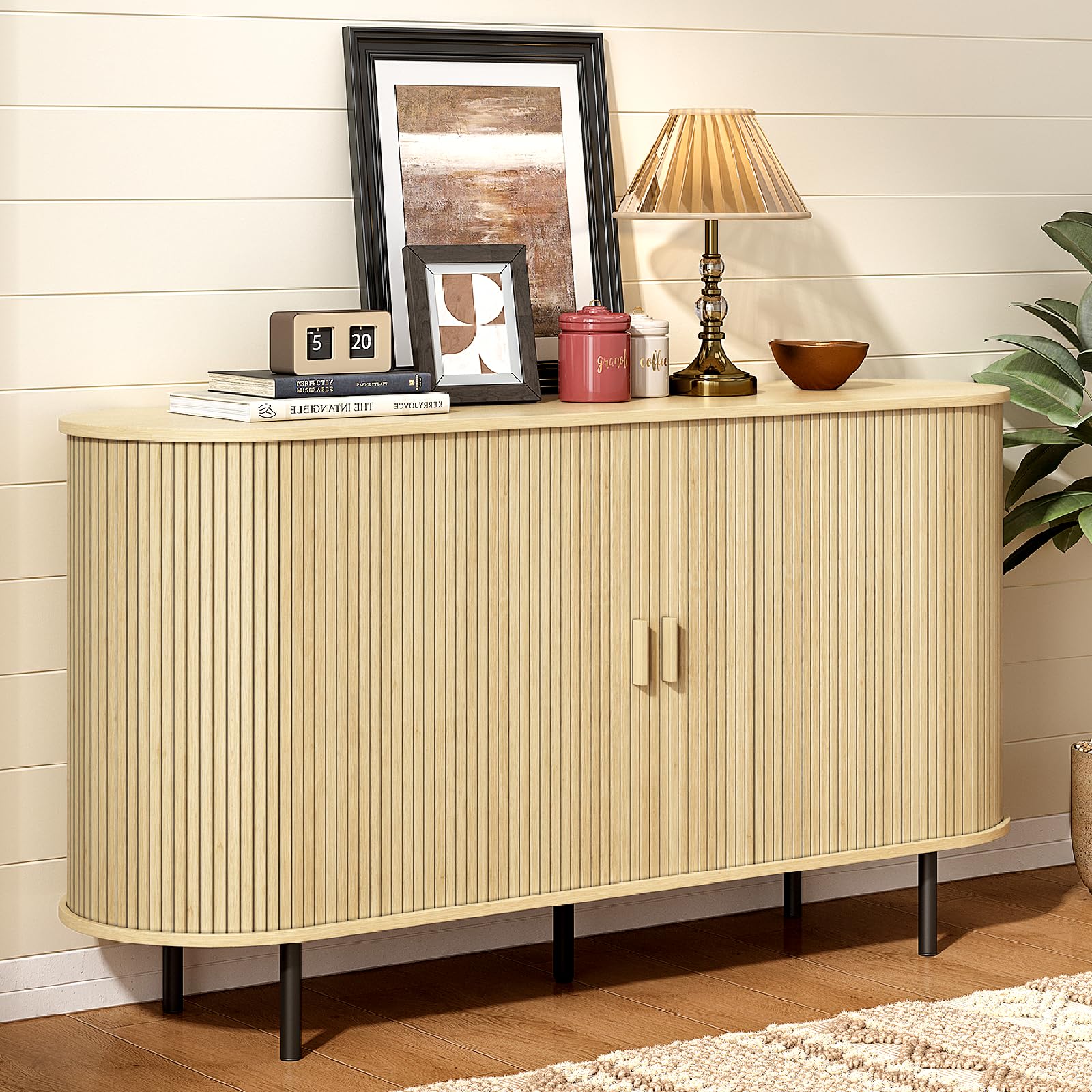 ONBRILL 55" Sideboard Buffet Cabinet with Storage, Sliding Door & Adjustable Shelf, Modern Accent Coffee Bar Console Table for Kitchen, Entryway, Walnut