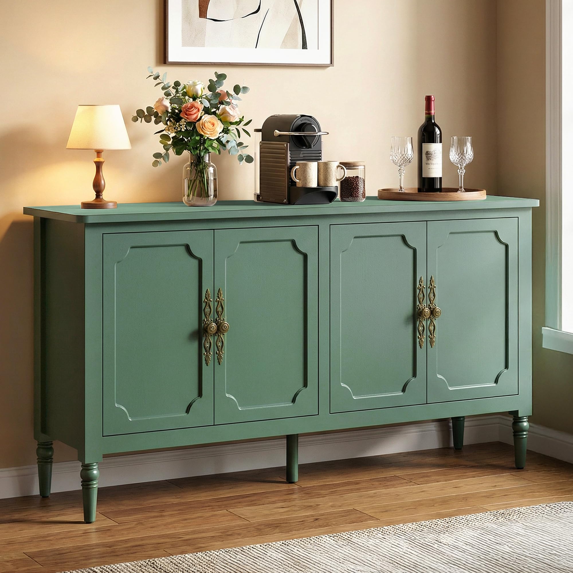RoyalCraft 59" Buffet Cabinet with Storage, Vintage Sideboard with Adjustable Shelves & Carved Handle, Mid Century Modern Painted Credenza Coffee Bar for Kitchen, Dining Room, Navy Blue