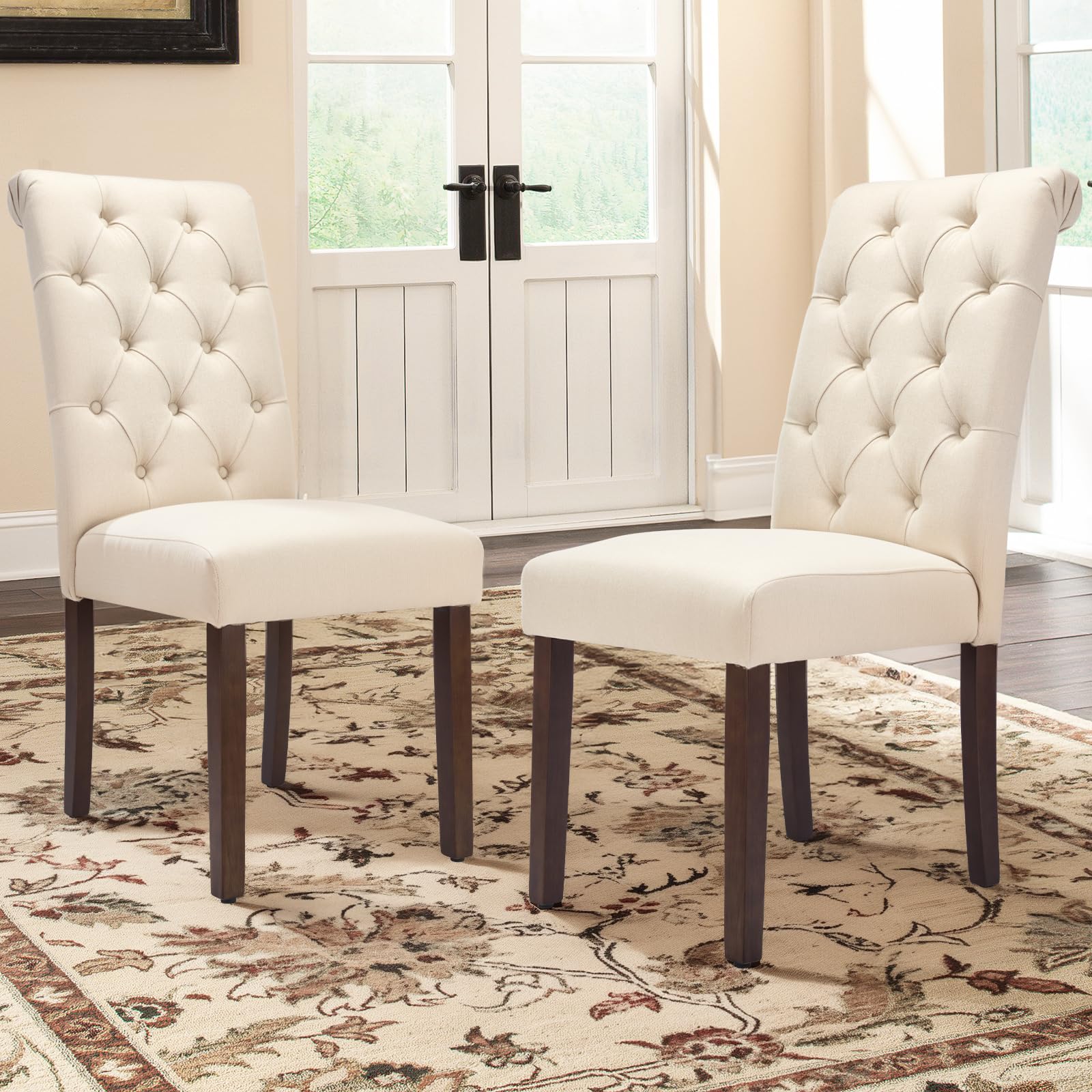 COLAMY Button Tufted Dining Chairs Set of 6, Parsons Upholstered Fabric Dining Room Chairs Kitchen Chairs with Wood Legs and Padded Seat, Taupe