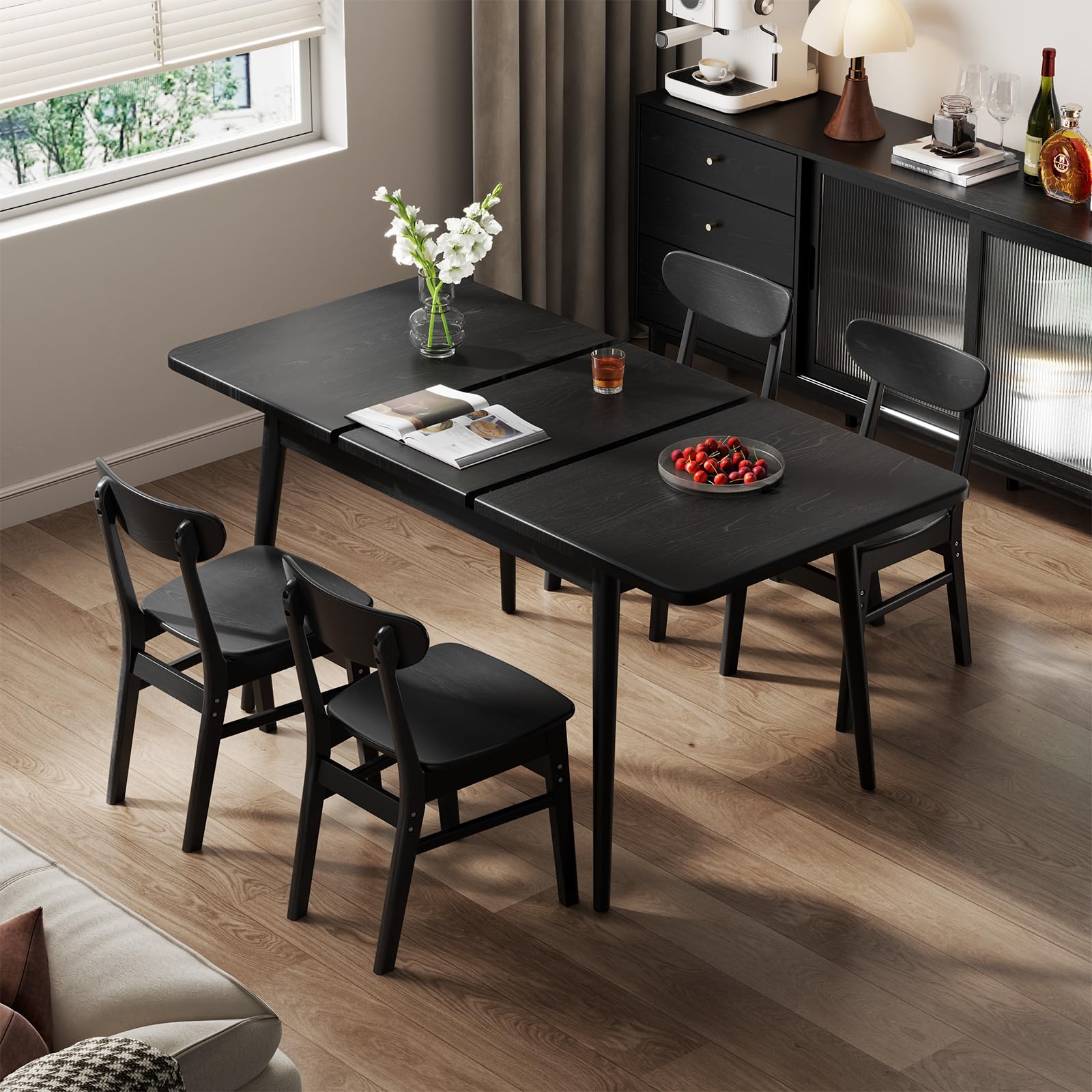 Muwuele Solid Wood Extendable Dining Table for 4-8 People with Seamless Extension from 47.2 to 63 Inches, Easy Assembly, Expandable Tables for Small Spaces, Dining Room, Kitchen, Living Room, Walnut