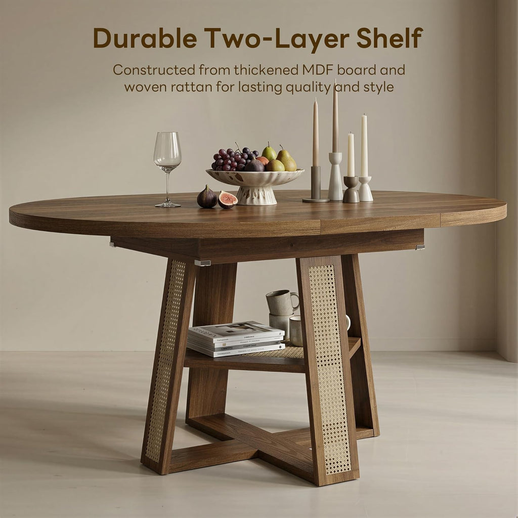 LIKIMIO 43"-59" Extendable Round Dining Table for 4-8, Transformer Oval Dining Room Table with Removable Leaves Space Saving, Wood Base Kitchen Table with Storage Shelf for Living Room, Walnut
