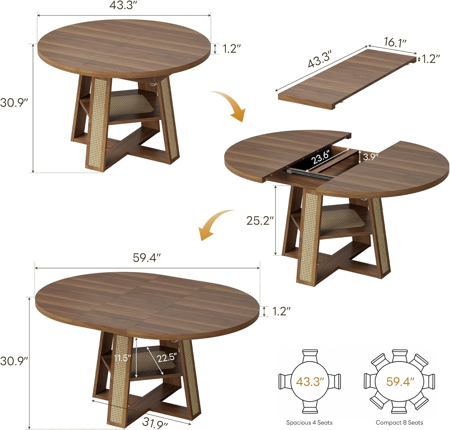 LIKIMIO 43"-59" Extendable Round Dining Table for 4-8, Transformer Oval Dining Room Table with Removable Leaves Space Saving, Wood Base Kitchen Table with Storage Shelf for Living Room, Walnut