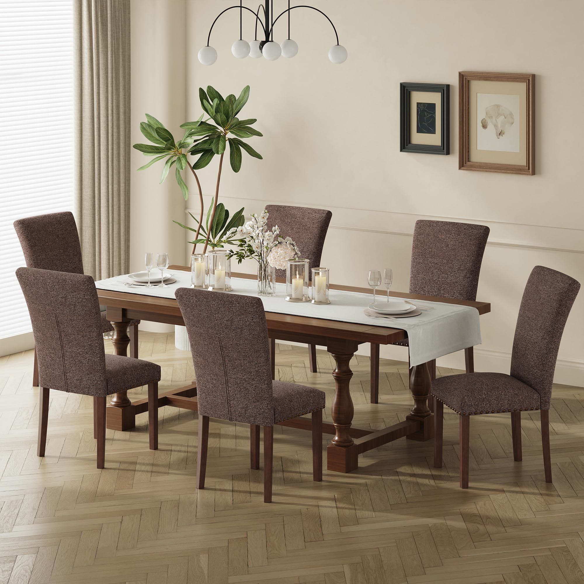 COLAMY Upholstered Fabric Dining Chairs Set of 6, High Back Padded Chairs w/Nailed Trim & Solid Wood Legs, Classic Parsons Chairs Side Chair for Home/Kitchen/Living Room-Beige (A420-BEIGE-6pcs)