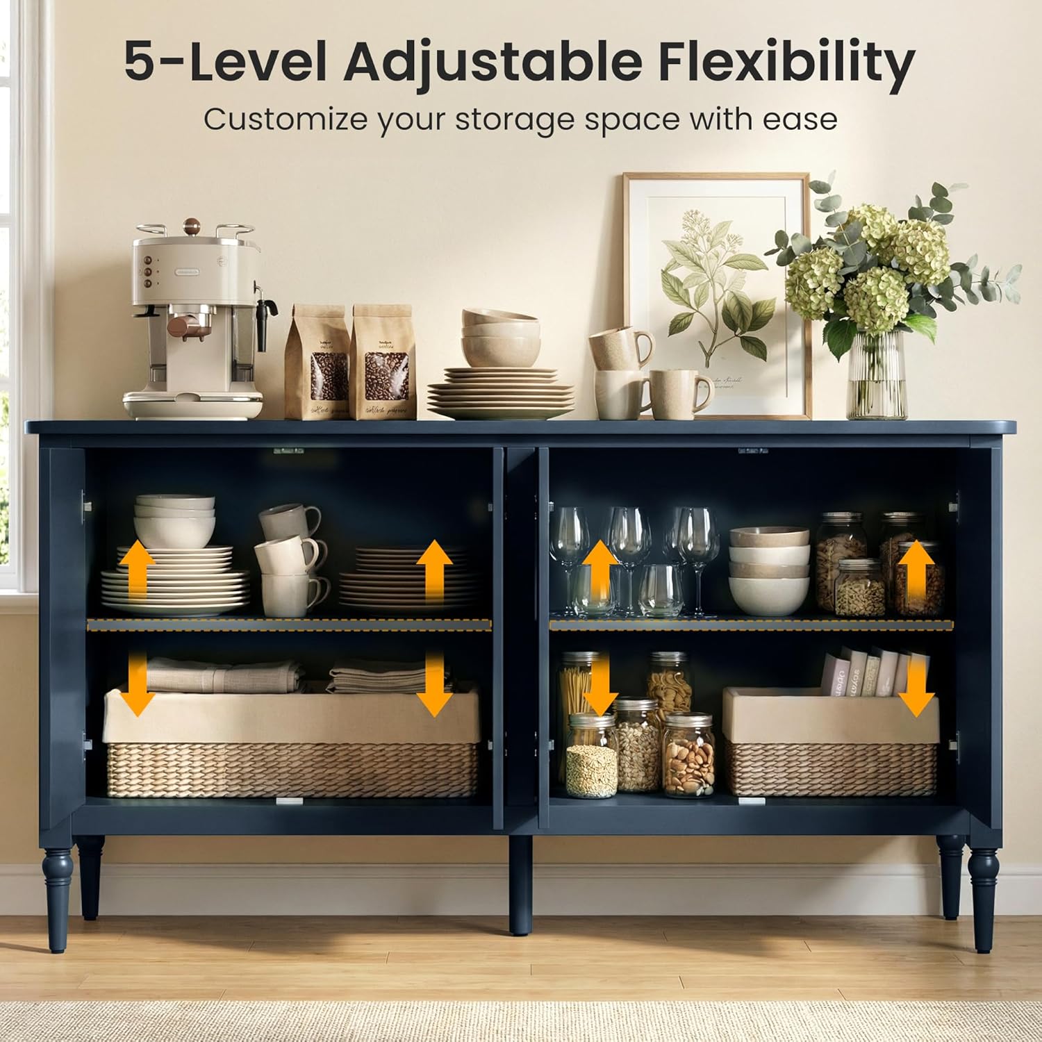 RoyalCraft 59" Buffet Cabinet with Storage, Vintage Sideboard with Adjustable Shelves & Carved Handle, Mid Century Modern Painted Credenza Coffee Bar for Kitchen, Dining Room, Navy Blue
