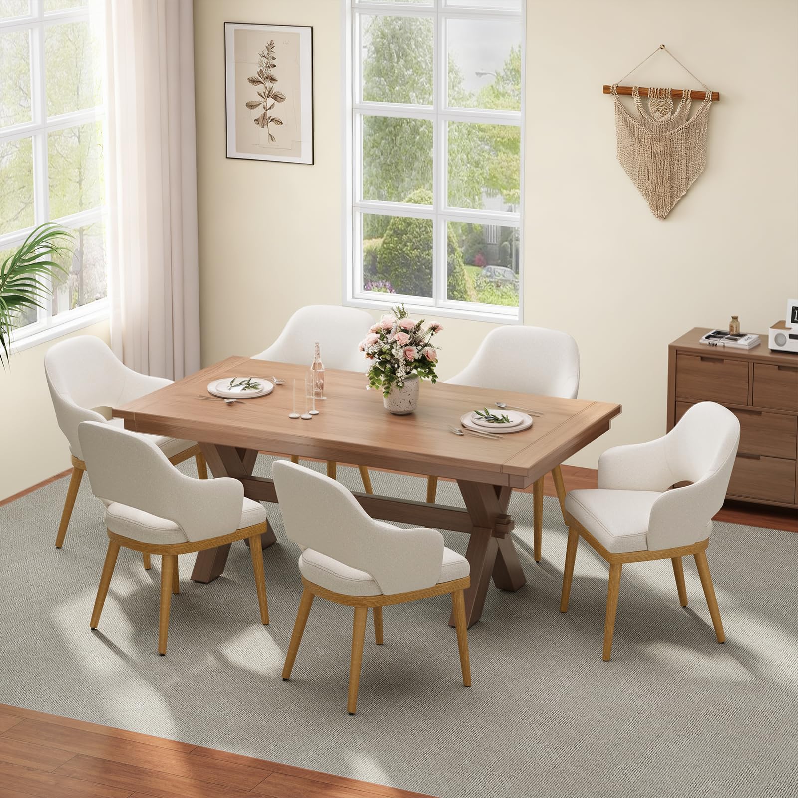 MALOL Wooden Dining Chairs Set of 2, Modern Fabric Upholstered Dining Room Chair, Kitchen Side Chairs, Farmhouse Dinner Chair with Open Back for Kitchen, Beige