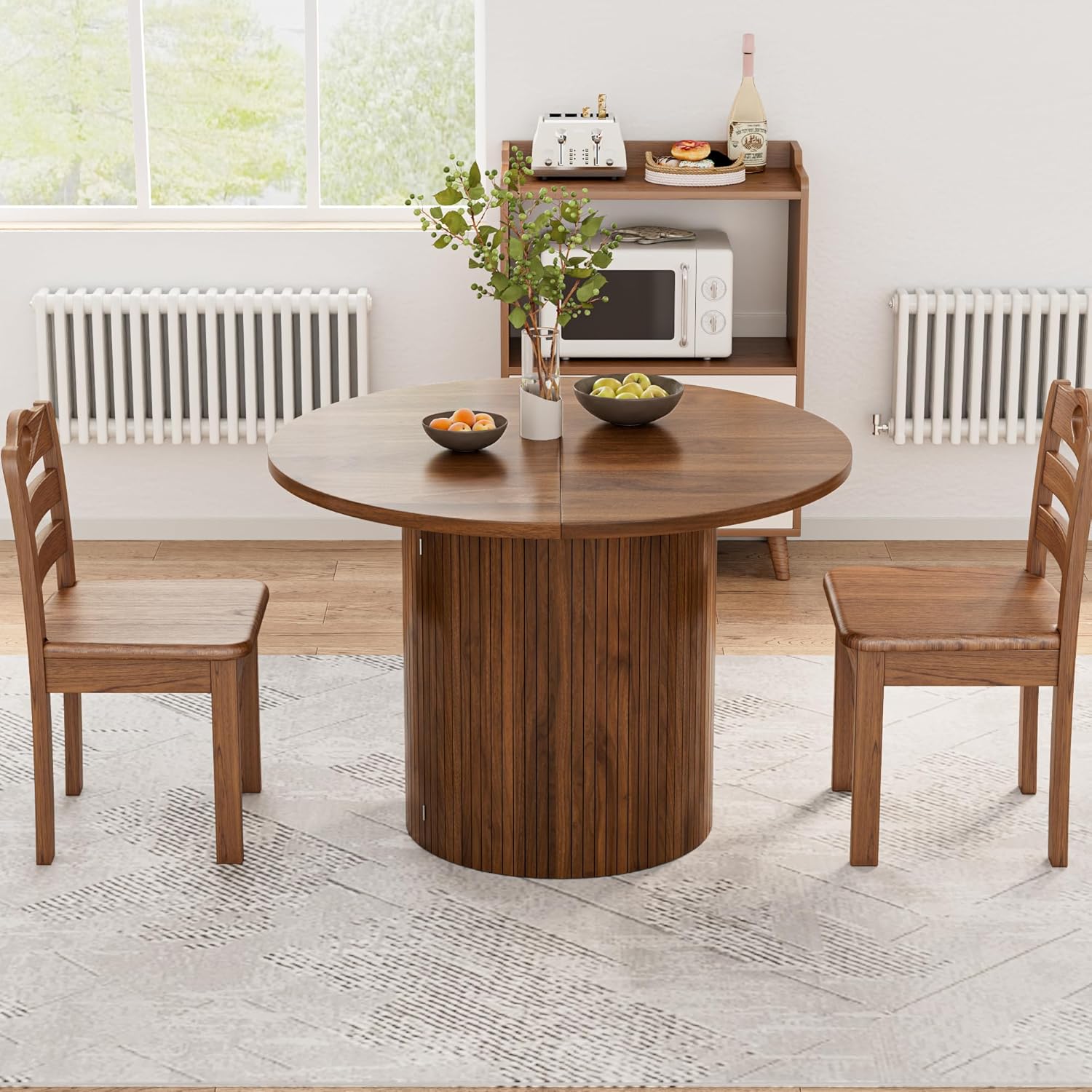 43-95 Inch Long Round Extendable Dining Table for 4-10, Space Saving Oval Large Dinner Kitchen Table with 3 Leaf, 2 Storage, Fluted Mid Century Modern Dining Room Table for Living Room, Walnut