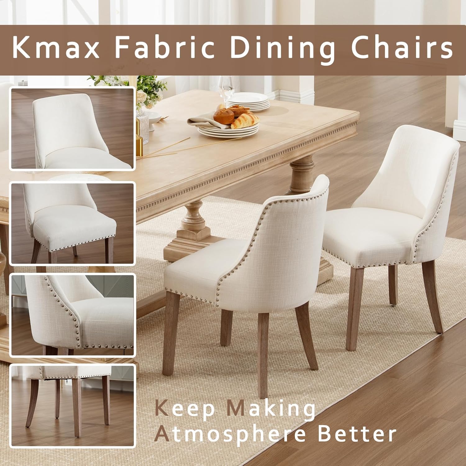 Kmax Fabric Dining Chairs Set of 2 Upholstered Side Chairs Farmhouse Accent Chairs with Nailhead Wood Legs for Dining Room Guest Room Restaurant, Cream