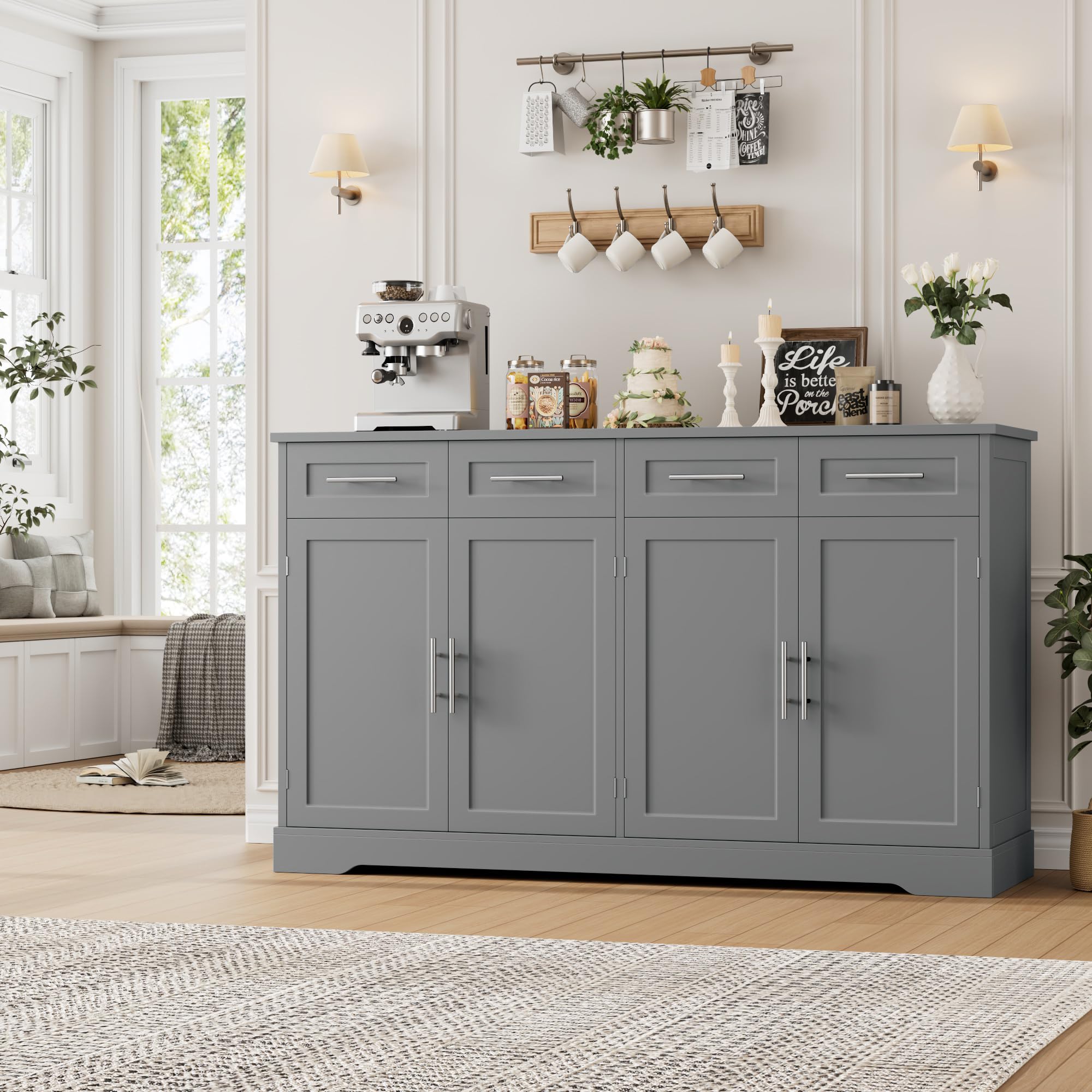 HOSTACK 60" Large Buffet Sideboard with Storage, 36" Tall Kitchen Buffet Storage Cabinet with 4 Drawer, Modern Coffee Bar Cabinet with Silver Handle, Long Sideboard Buffet Table for Kitchen, Black