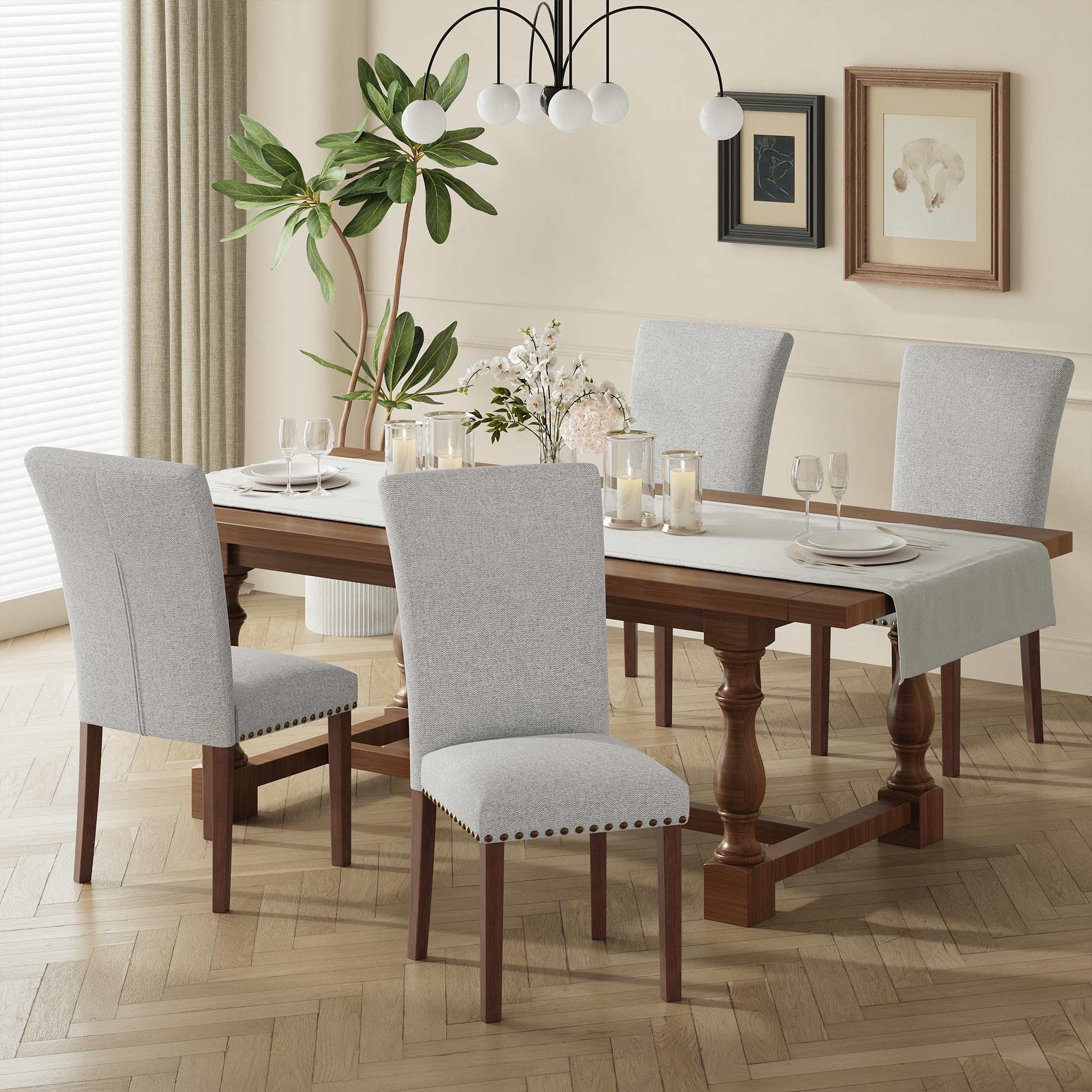 COLAMY Upholstered Fabric Dining Chairs Set of 6, High Back Padded Chairs w/Nailed Trim & Solid Wood Legs, Classic Parsons Chairs Side Chair for Home/Kitchen/Living Room-Beige (A420-BEIGE-6pcs)