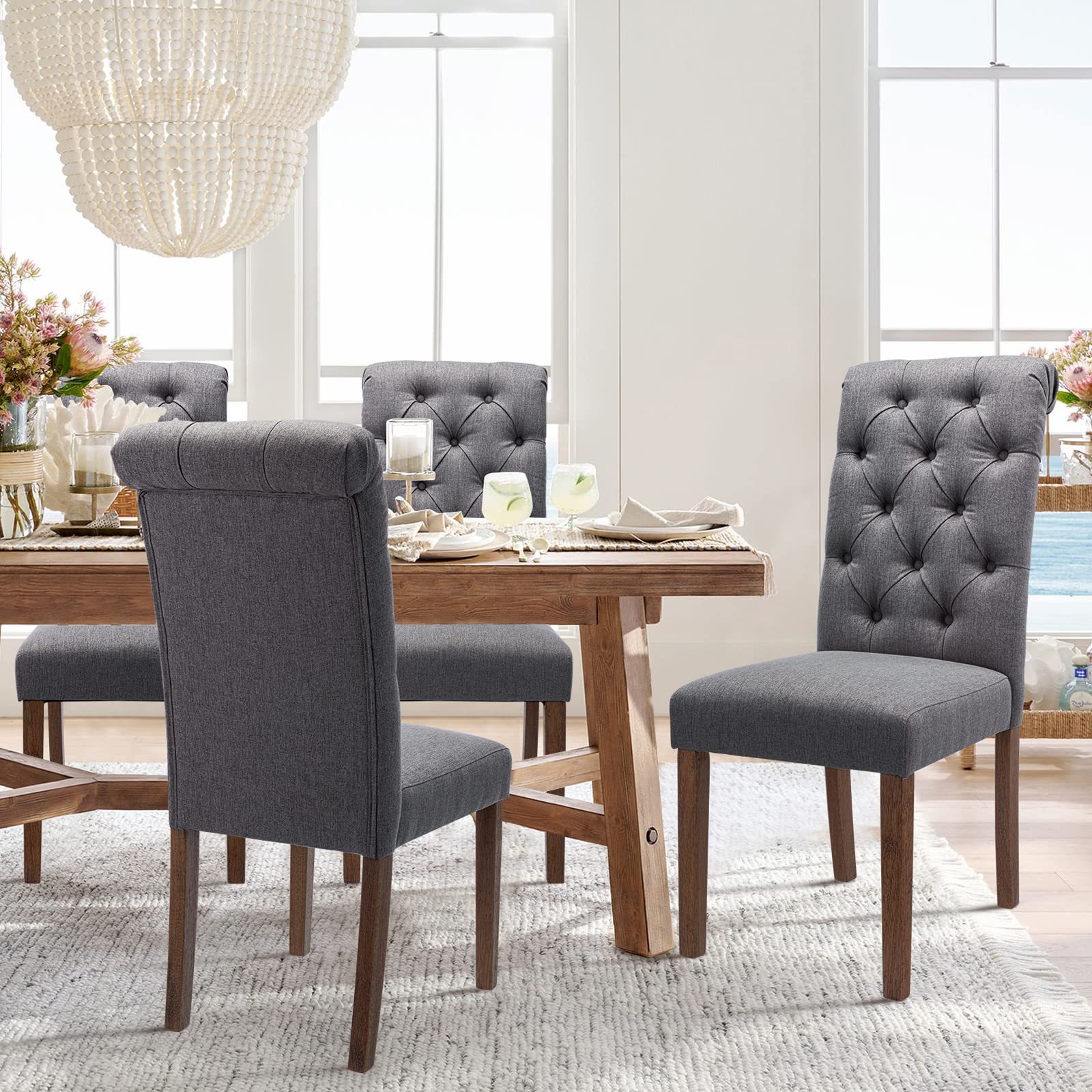 COLAMY Button Tufted Dining Chairs Set of 6, Parsons Upholstered Fabric Dining Room Chairs Kitchen Chairs with Wood Legs and Padded Seat, Taupe