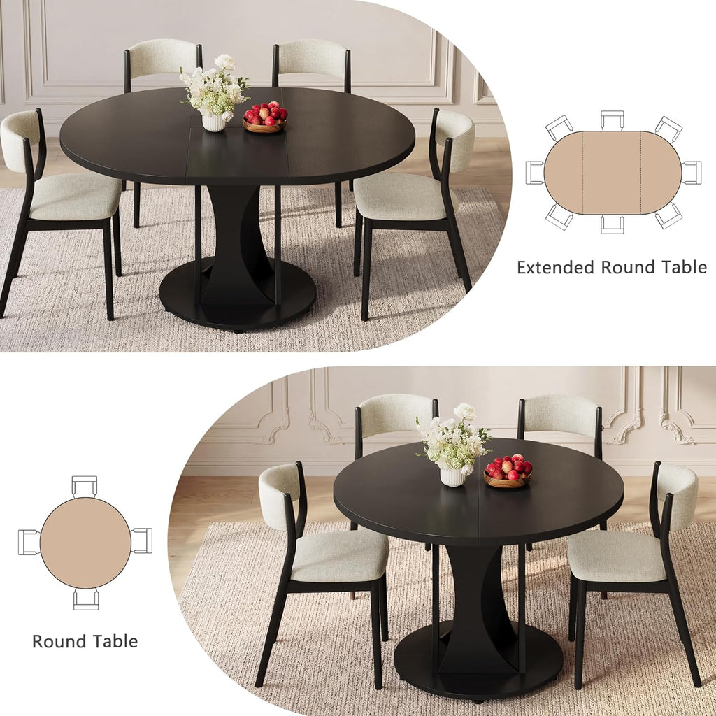 iPormis 43"-59" Extendable Dining Table, Round Kitchen Table with Modern Arcs Pedestal, Oval Dinner Table with Removable Leaves,Hidden Storage, for Kitchen, Dining Room, Living Room, Office, Black