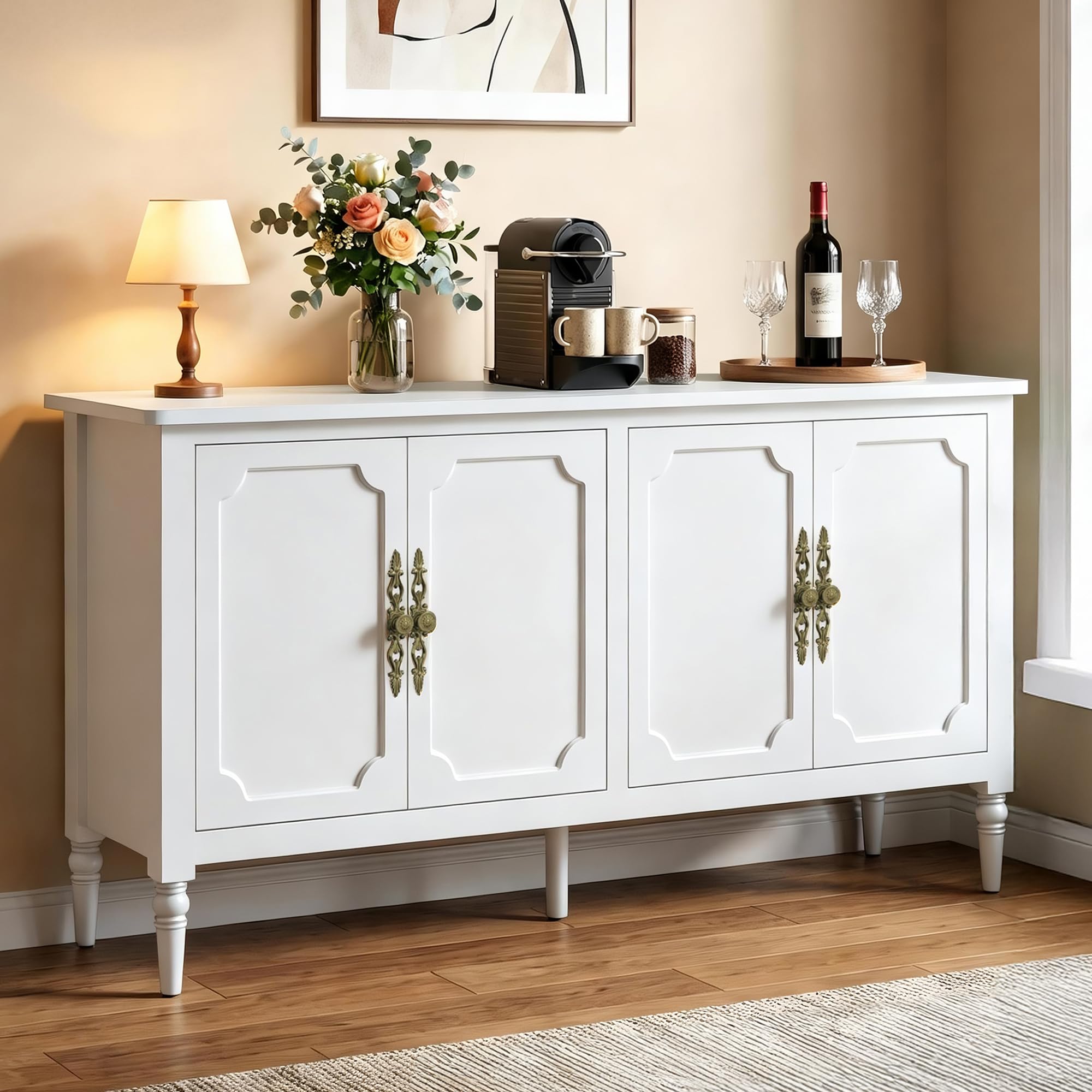 RoyalCraft 59" Buffet Cabinet with Storage, Vintage Sideboard with Adjustable Shelves & Carved Handle, Mid Century Modern Painted Credenza Coffee Bar for Kitchen, Dining Room, Navy Blue