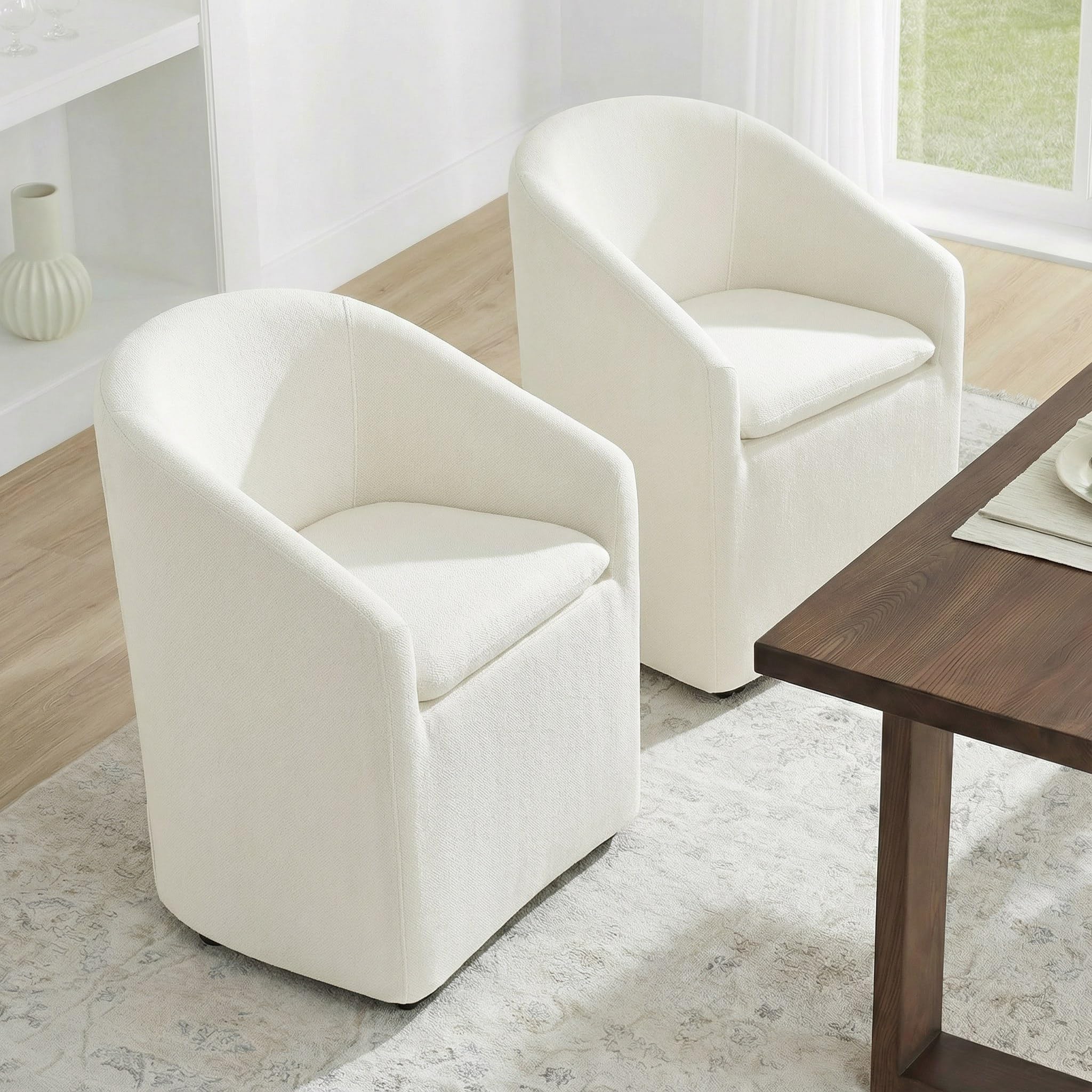 KISLOT Upholstered Dining Chairs Set of 4 with Casters, Wingback Modern Side Armless Deskchair with Rollers for Diningroom Bedroom Livingroom Reading Room, Cream Beige Fabric