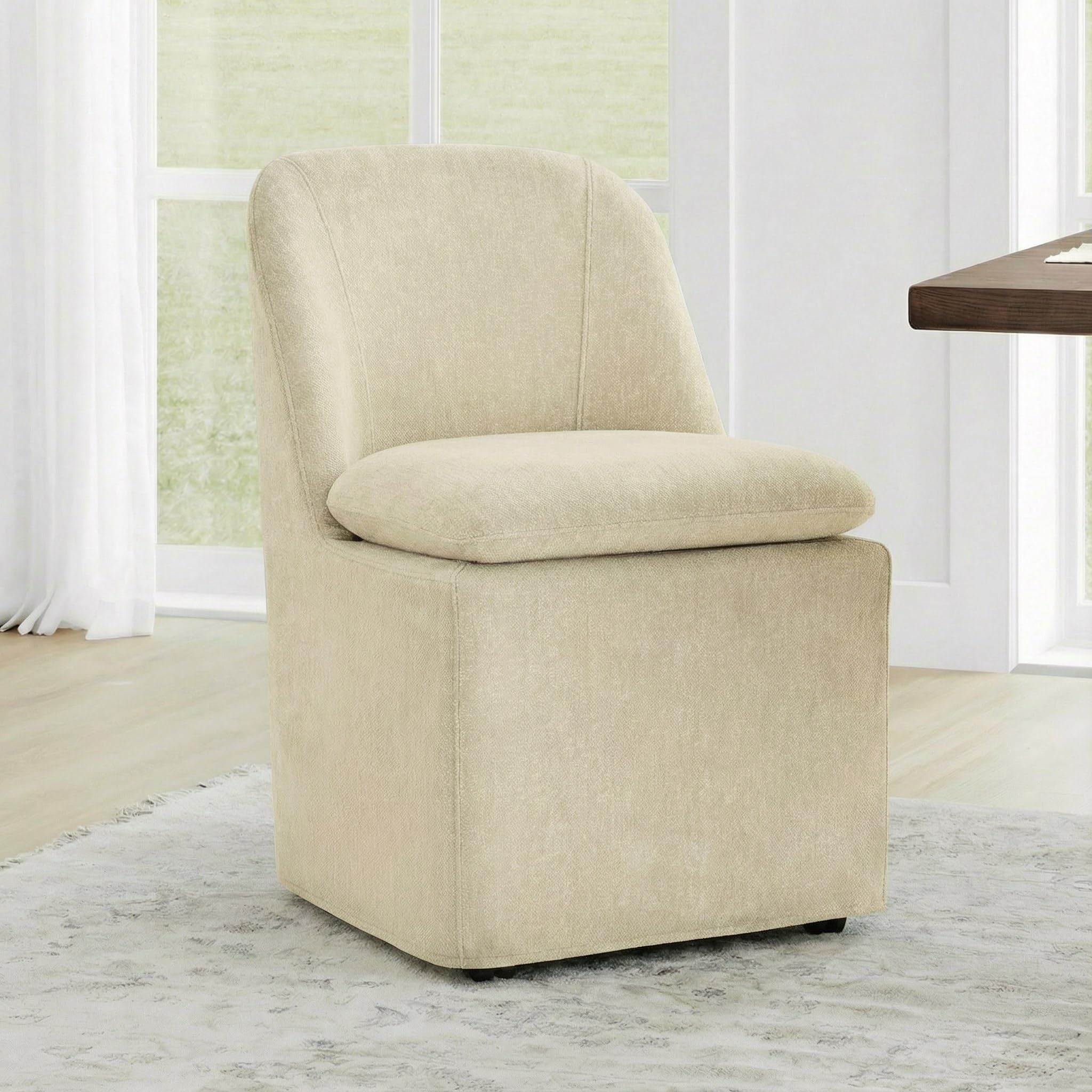 KISLOT Upholstered Dining Chairs Set of 4 with Casters, Wingback Modern Side Armless Deskchair with Rollers for Diningroom Bedroom Livingroom Reading Room, Cream Beige Fabric