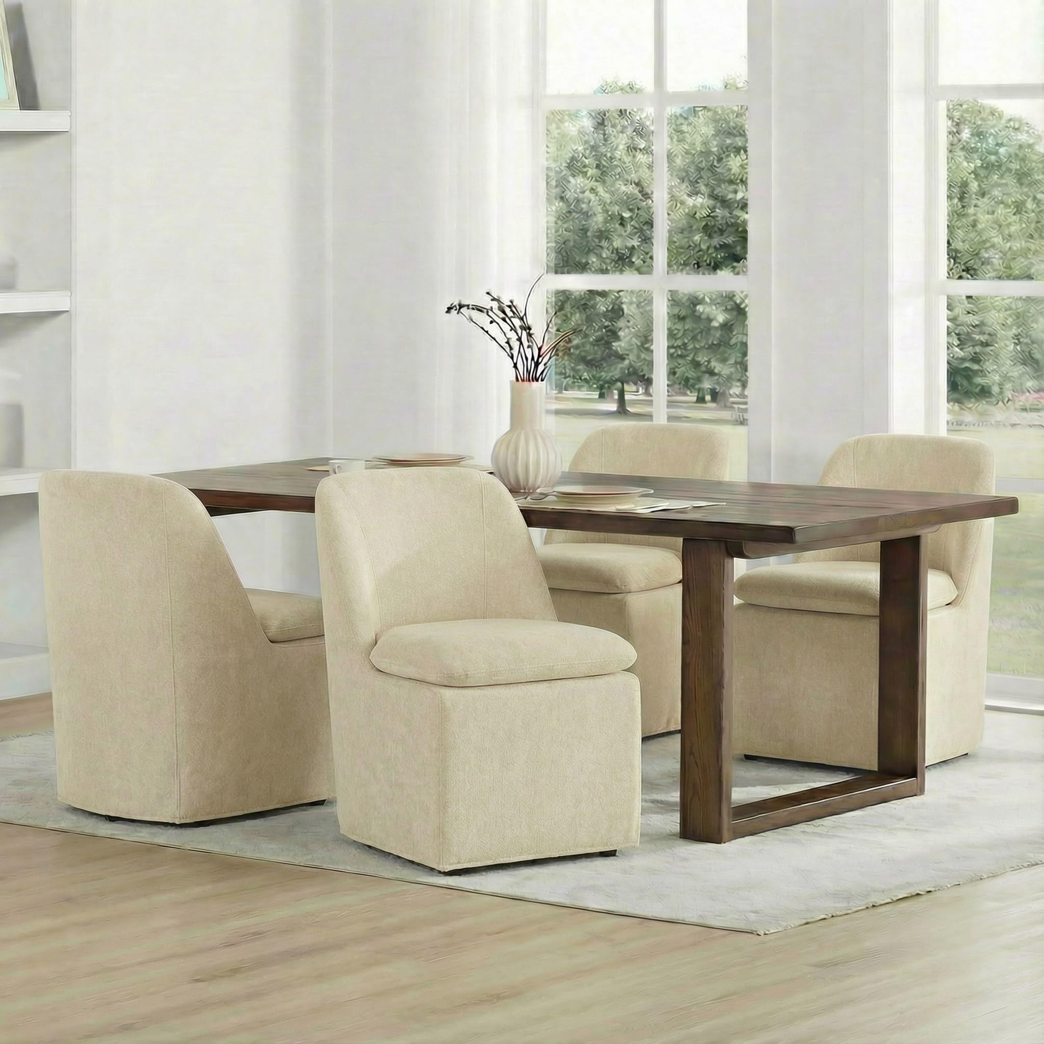 KISLOT Upholstered Dining Chairs Set of 4 with Casters, Wingback Modern Side Armless Deskchair with Rollers for Diningroom Bedroom Livingroom Reading Room, Cream Beige Fabric