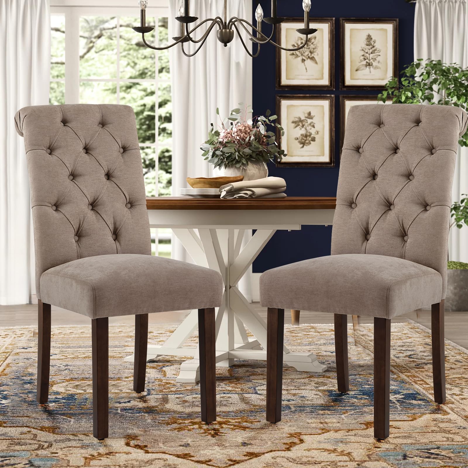 COLAMY Button Tufted Dining Chairs Set of 6, Parsons Upholstered Fabric Dining Room Chairs Kitchen Chairs with Wood Legs and Padded Seat, Taupe