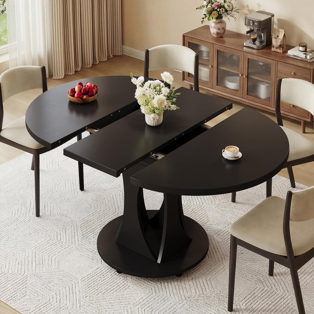 iPormis 43"-59" Extendable Dining Table, Round Kitchen Table with Modern Arcs Pedestal, Oval Dinner Table with Removable Leaves,Hidden Storage, for Kitchen, Dining Room, Living Room, Office, Black
