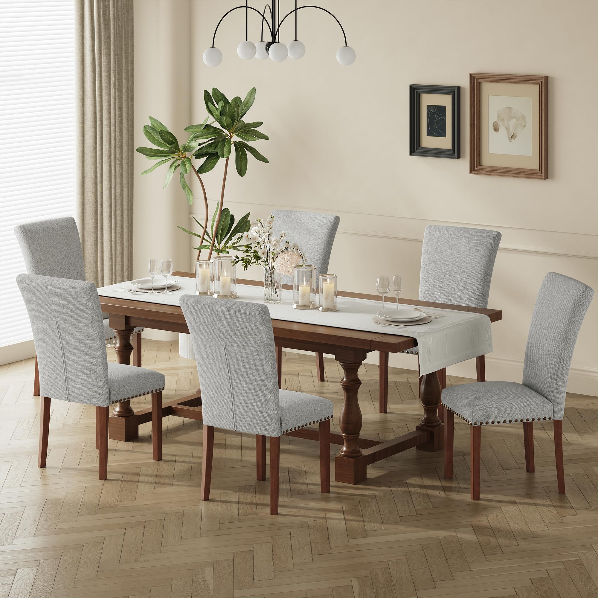 COLAMY Upholstered Fabric Dining Chairs Set of 6, High Back Padded Chairs w/Nailed Trim & Solid Wood Legs, Classic Parsons Chairs Side Chair for Home/Kitchen/Living Room-Beige (A420-BEIGE-6pcs)