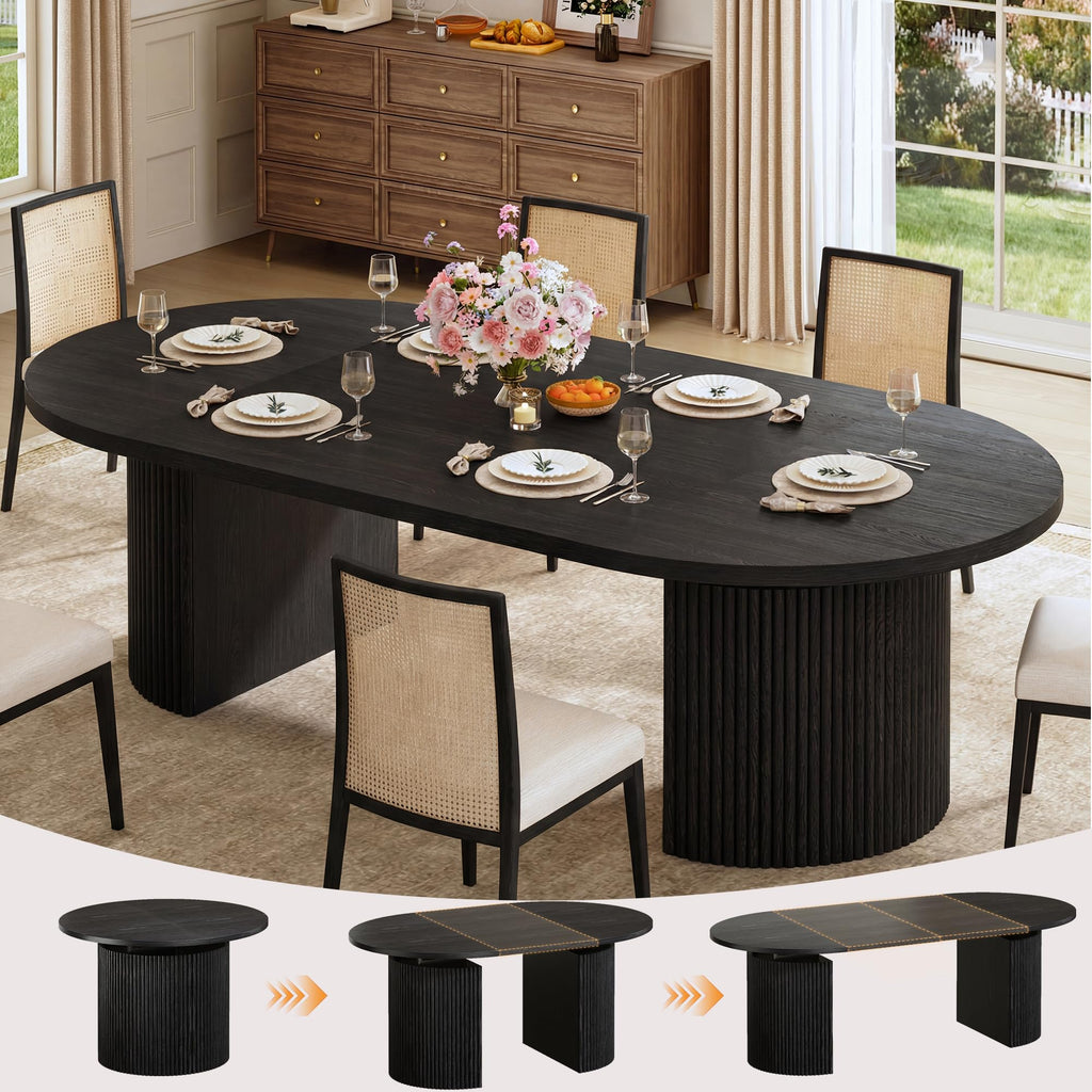 HUAHUU Extendable Round Dining Table for 4-8, 39in-77in Long Large Kitchen Table with Fluted Base, Space Saving Modern Farmhouse Oval Dinner Tables for Dining Room, Kitchen, Living Room, Brown