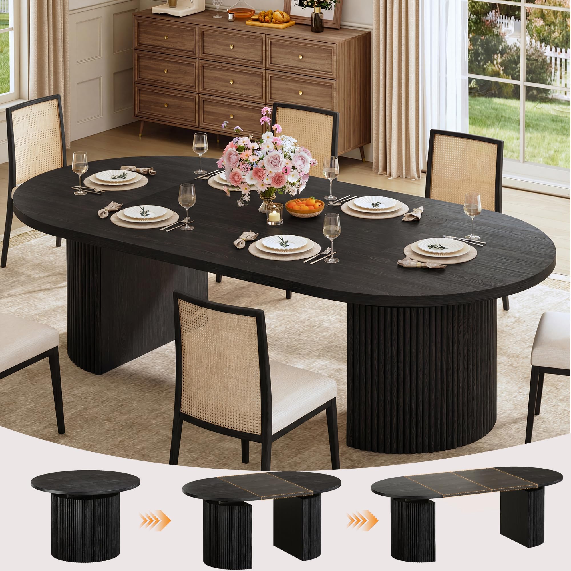 HUAHUU Extendable Round Dining Table for 4-8, 39in-77in Long Large Kitchen Table with Fluted Base, Space Saving Modern Farmhouse Oval Dinner Tables for Dining Room, Kitchen, Living Room, Brown