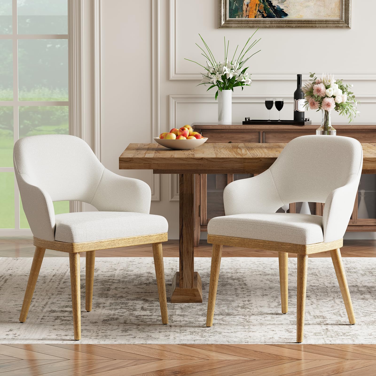 MALOL Wooden Dining Chairs Set of 2, Modern Fabric Upholstered Dining Room Chair, Kitchen Side Chairs, Farmhouse Dinner Chair with Open Back for Kitchen, Beige