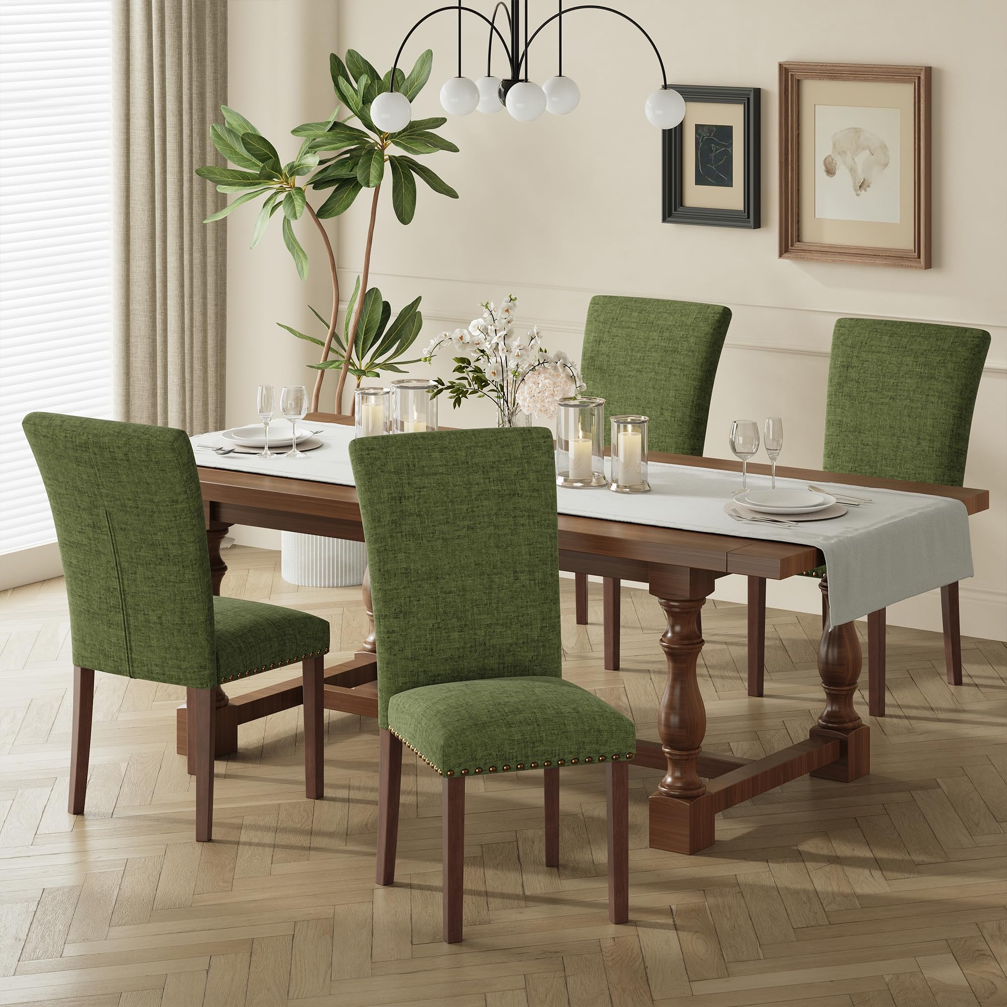 COLAMY Upholstered Fabric Dining Chairs Set of 6, High Back Padded Chairs w/Nailed Trim & Solid Wood Legs, Classic Parsons Chairs Side Chair for Home/Kitchen/Living Room-Beige (A420-BEIGE-6pcs)
