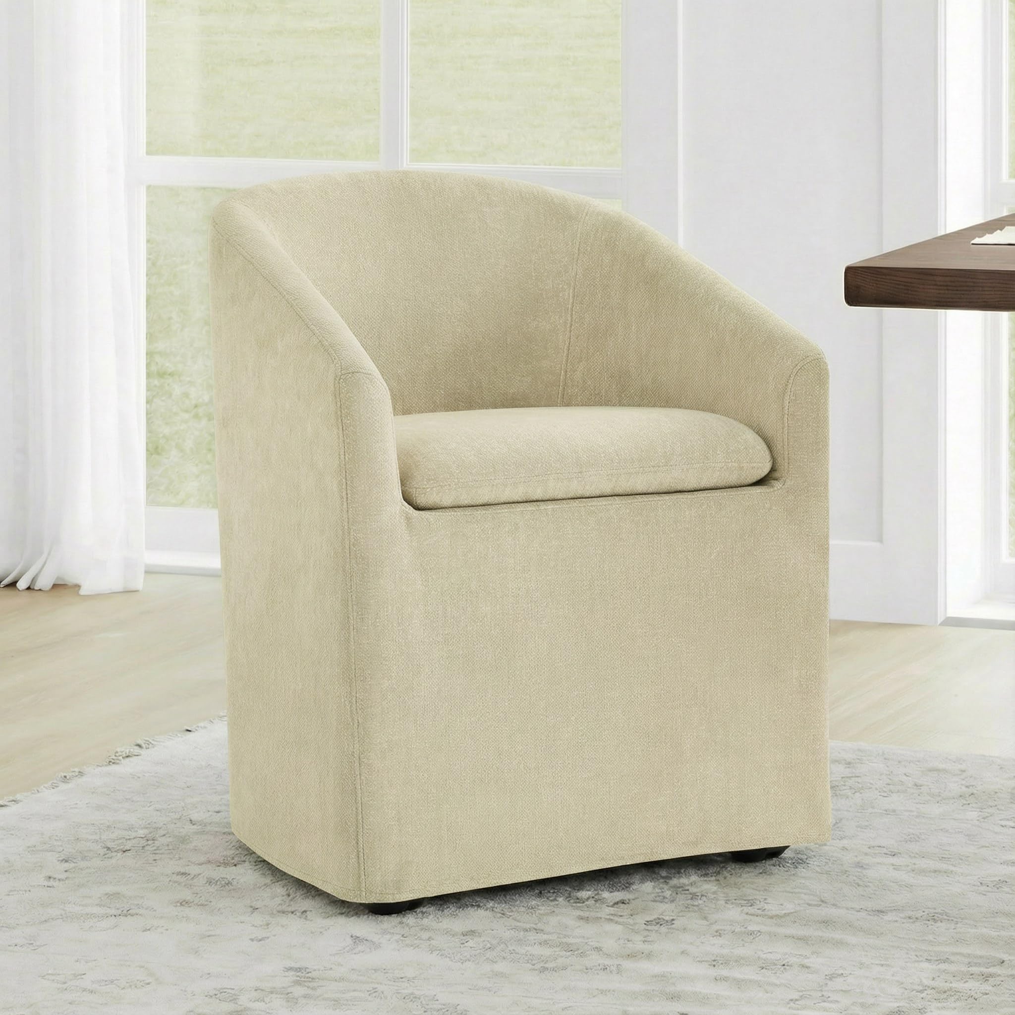 KISLOT Upholstered Dining Chairs Set of 4 with Casters, Wingback Modern Side Armless Deskchair with Rollers for Diningroom Bedroom Livingroom Reading Room, Cream Beige Fabric