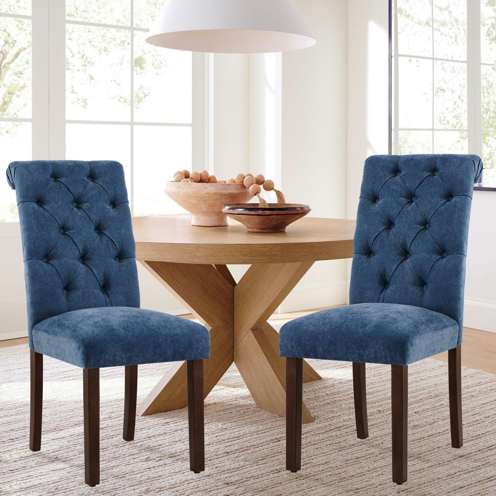 COLAMY Button Tufted Dining Chairs Set of 6, Parsons Upholstered Fabric Dining Room Chairs Kitchen Chairs with Wood Legs and Padded Seat, Taupe