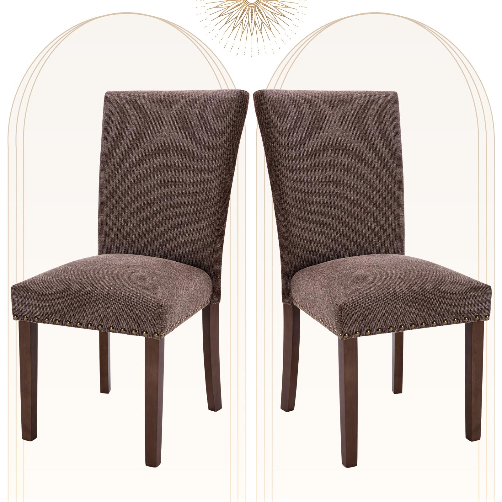 COLAMY Upholstered Fabric Dining Chairs Set of 6, High Back Padded Chairs w/Nailed Trim & Solid Wood Legs, Classic Parsons Chairs Side Chair for Home/Kitchen/Living Room-Beige (A420-BEIGE-6pcs)