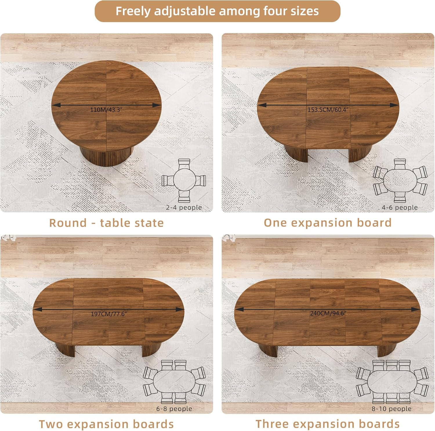 43-95 Inch Long Round Extendable Dining Table for 4-10, Space Saving Oval Large Dinner Kitchen Table with 3 Leaf, 2 Storage, Fluted Mid Century Modern Dining Room Table for Living Room, Walnut