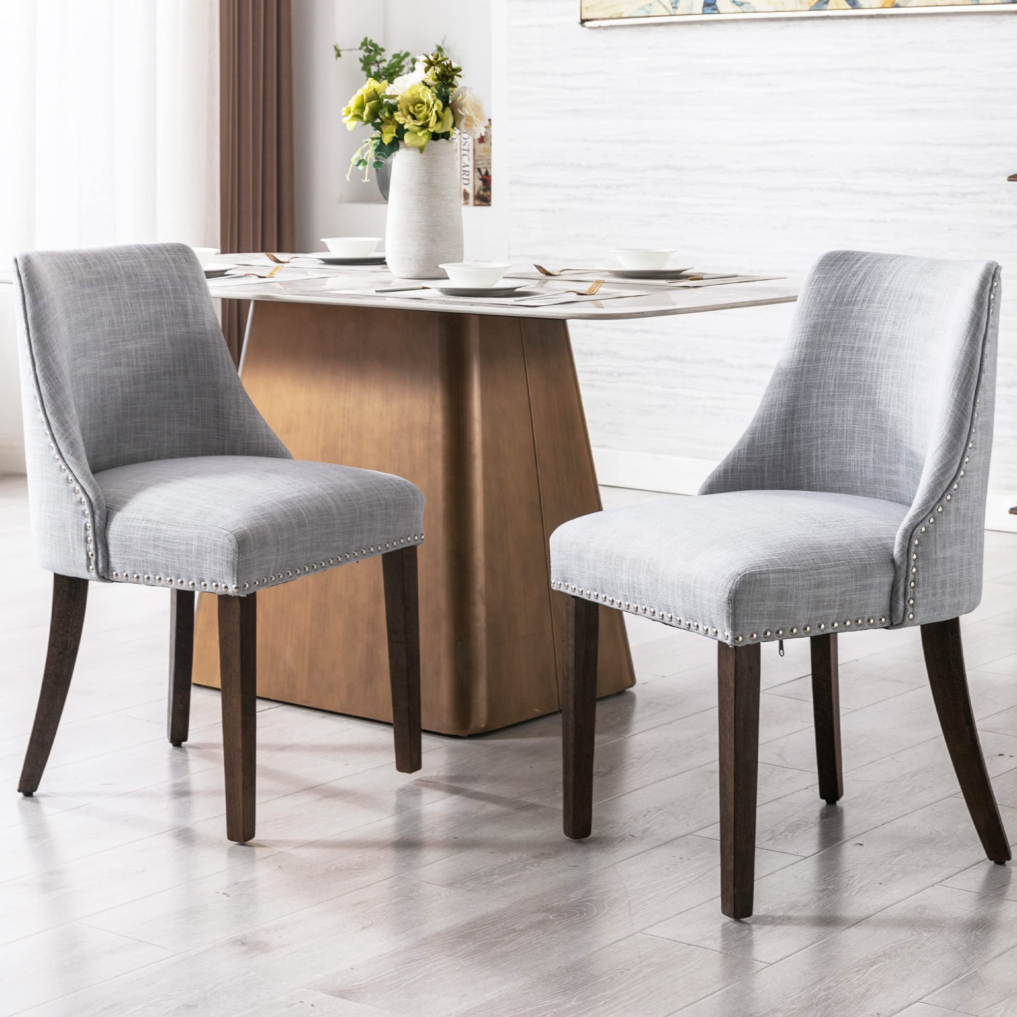 Kmax Fabric Dining Chairs Set of 2 Upholstered Side Chairs Farmhouse Accent Chairs with Nailhead Wood Legs for Dining Room Guest Room Restaurant, Cream
