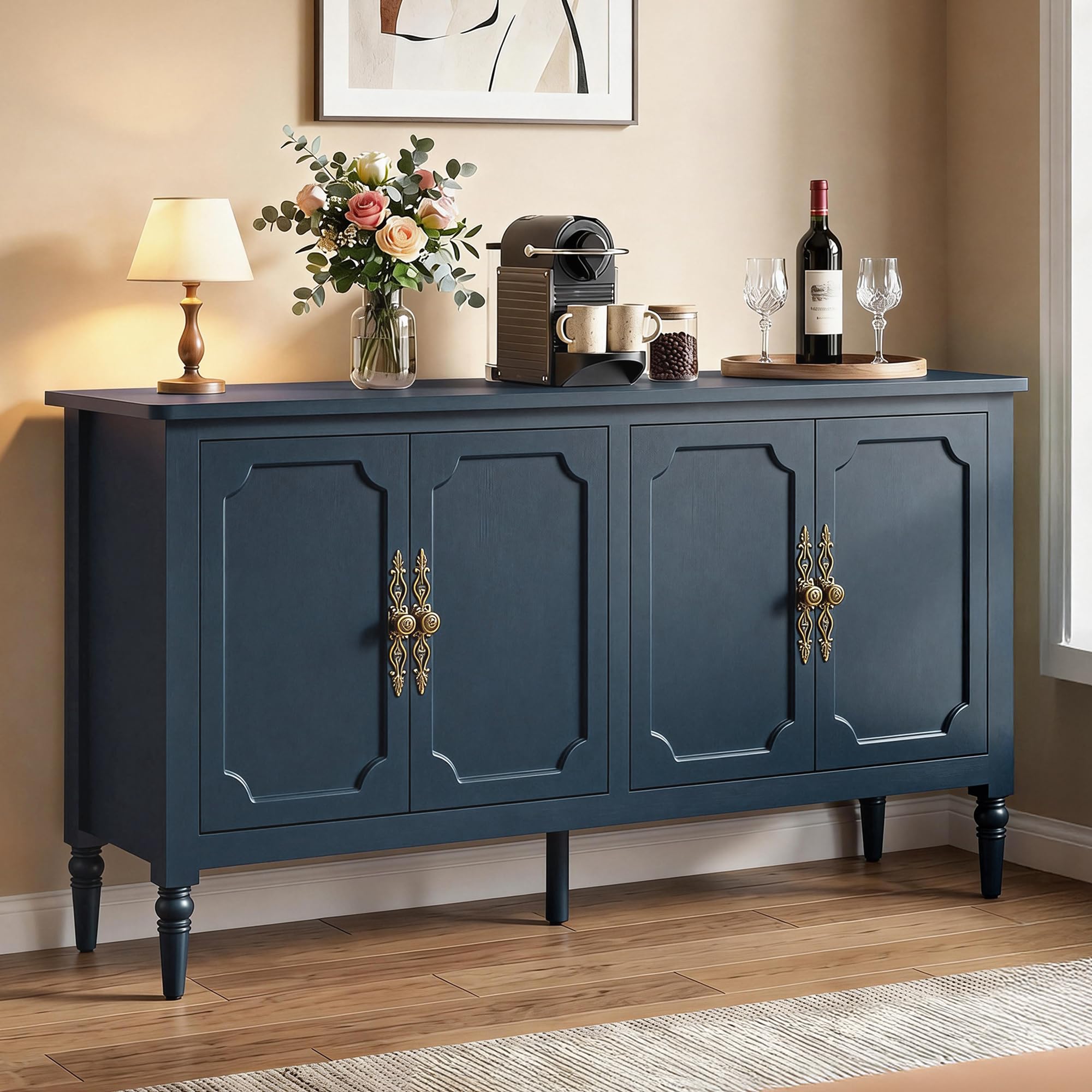 RoyalCraft 59" Buffet Cabinet with Storage, Vintage Sideboard with Adjustable Shelves & Carved Handle, Mid Century Modern Painted Credenza Coffee Bar for Kitchen, Dining Room, Forest Green