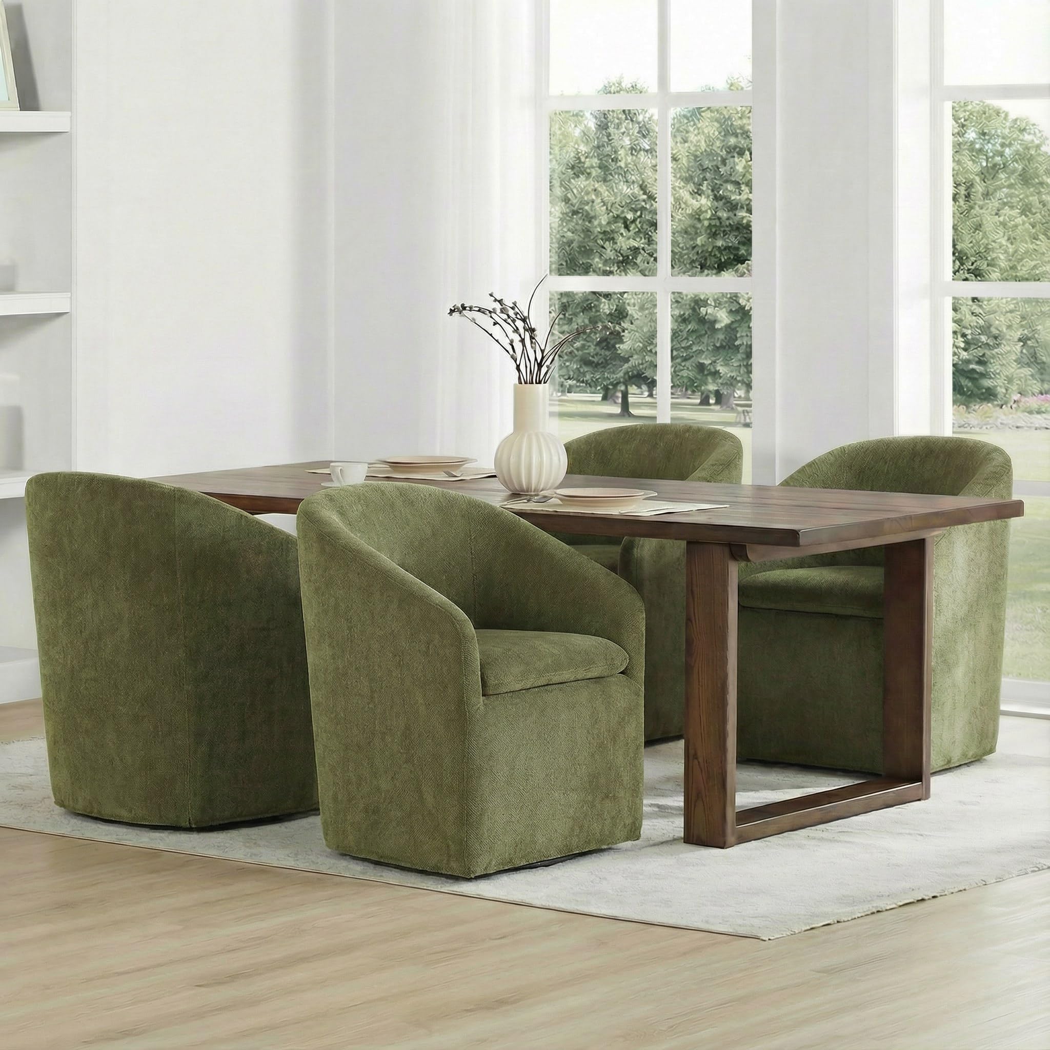 KISLOT Upholstered Dining Chairs Set of 4 with Casters, Wingback Modern Side Armless Deskchair with Rollers for Diningroom Bedroom Livingroom Reading Room, Cream Beige Fabric