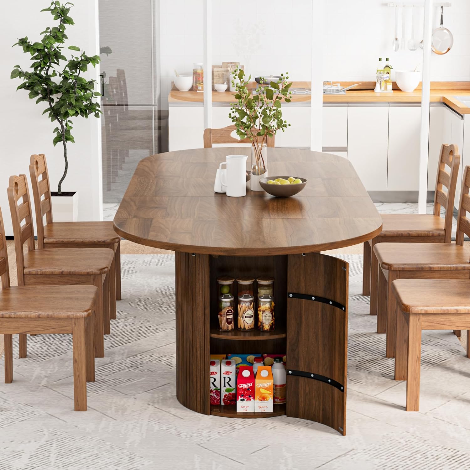 43-95 Inch Long Round Extendable Dining Table for 4-10, Space Saving Oval Large Dinner Kitchen Table with 3 Leaf, 2 Storage, Fluted Mid Century Modern Dining Room Table for Living Room, Walnut