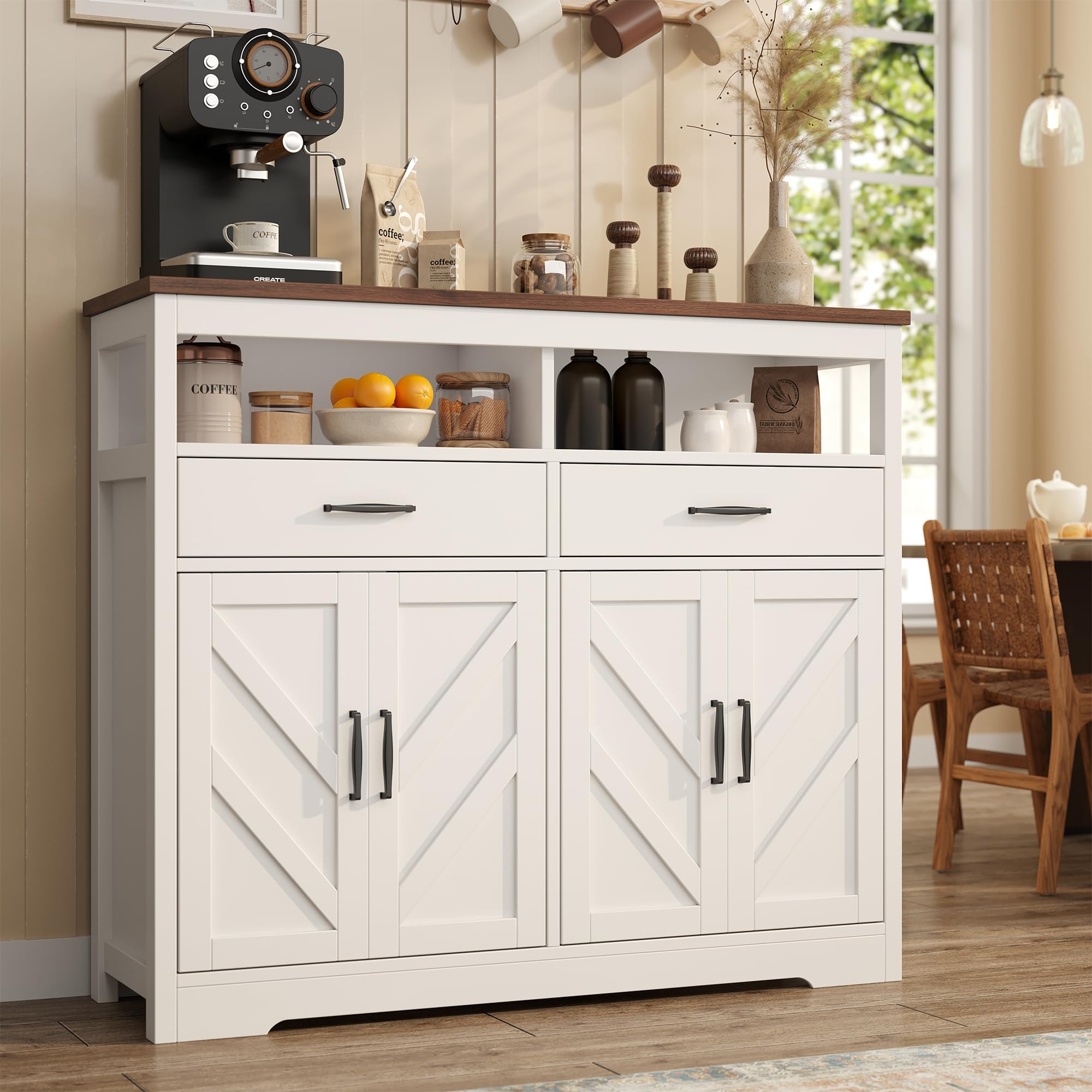knoworld Buffet Sideboard with Storage with Power Outlets & LED Light 4 Doors, 55'' Large Farmhouse Kitchen Storage Cabinet Wood Coffee Bar Cabinet Buffet Table for Kitchen, Dining Room, Entryway