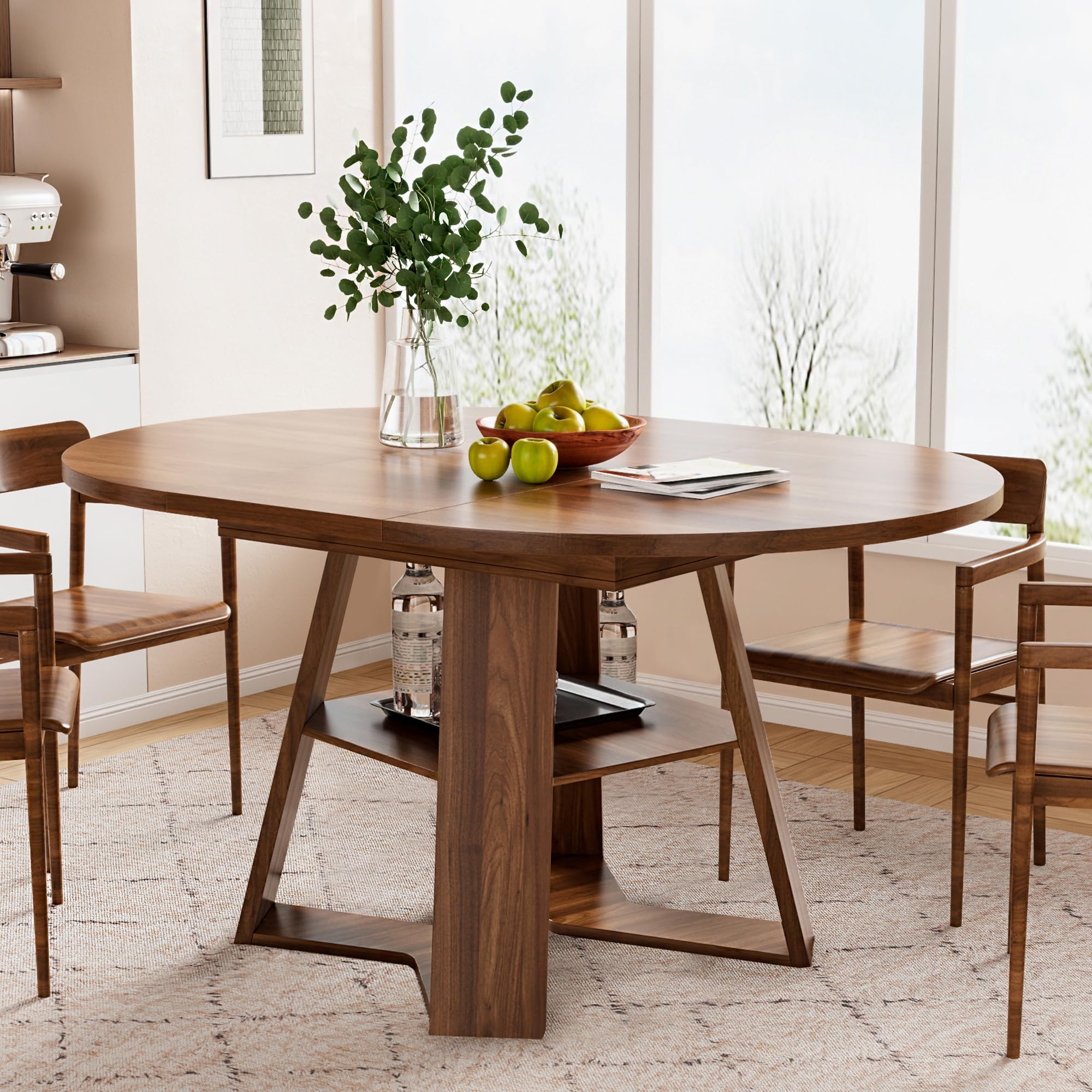 43.3in-59in Extendable Round Dining Table for 4-8,Modern Kitchen Oval Dining Table with Removable Leaves Space Saving,Wood Base with Storage Shelf for Kitchen Living Room (Walnut)