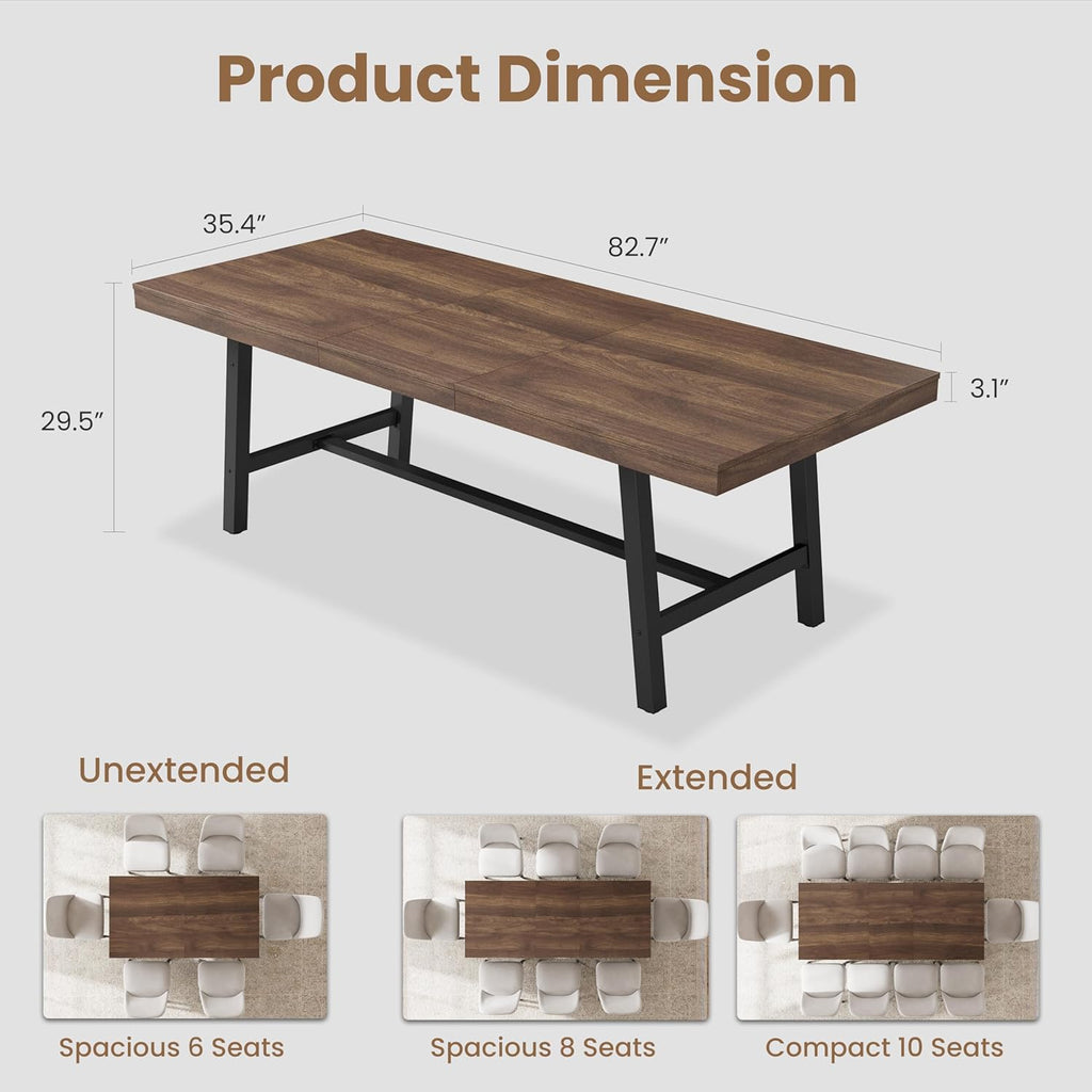 GarveeHome 63-83" Extendable Dining Table, Industrial Rectangular Dining Room Table for 6-8 People, Expandable Kitchen Table with Heavy Duty Metal Frame for Dining Room, Kitchen & Parties, Brown