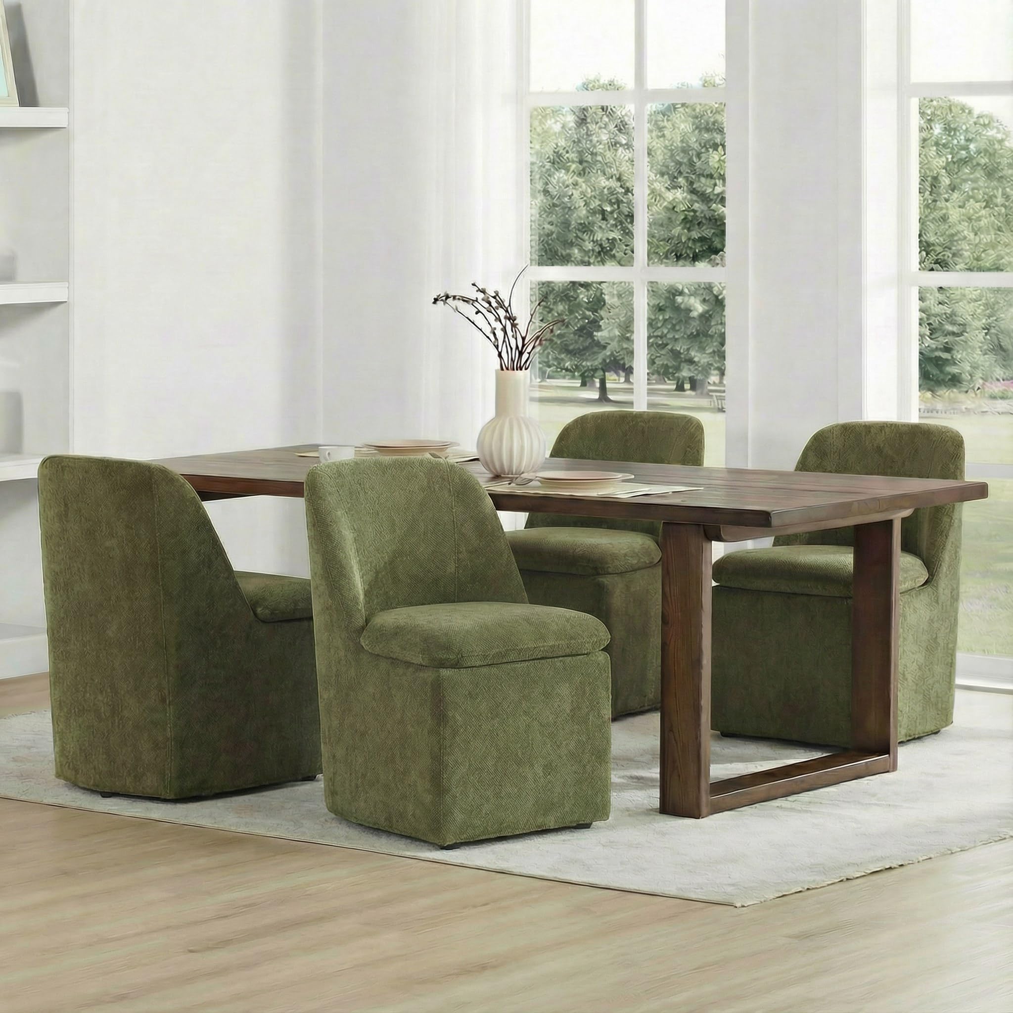 KISLOT Upholstered Dining Chairs Set of 4 with Casters, Wingback Modern Side Armless Deskchair with Rollers for Diningroom Bedroom Livingroom Reading Room, Cream Beige Fabric