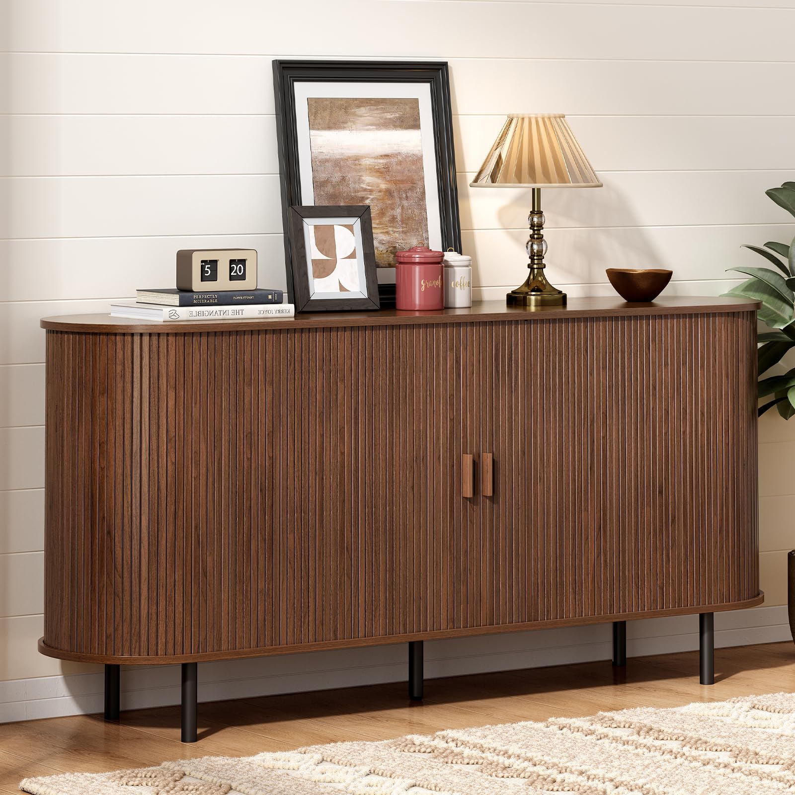 ONBRILL 55" Sideboard Buffet Cabinet with Storage, Sliding Door & Adjustable Shelf, Modern Accent Coffee Bar Console Table for Kitchen, Entryway, Walnut