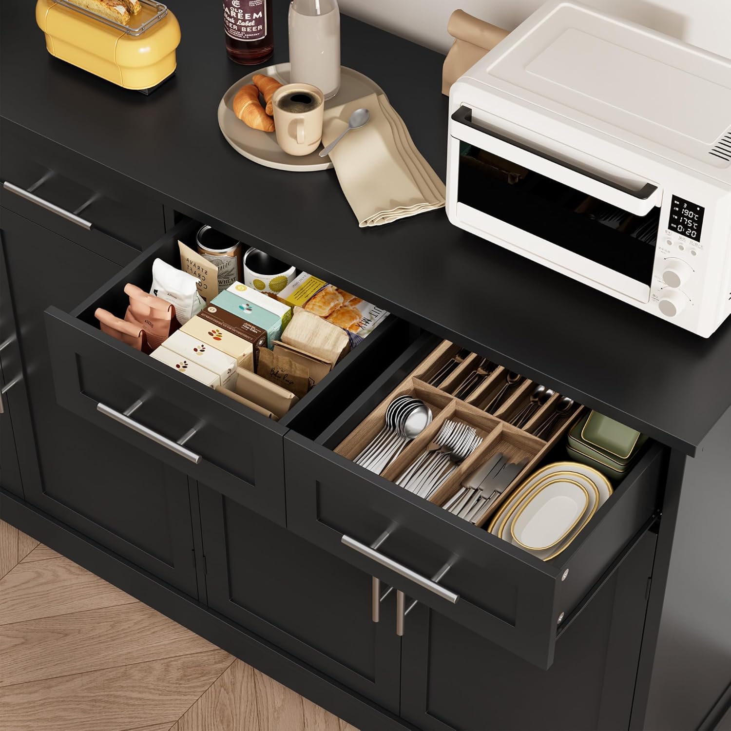 HOSTACK 60" Large Buffet Sideboard with Storage, 36" Tall Kitchen Buffet Storage Cabinet with 4 Drawer, Modern Coffee Bar Cabinet with Silver Handle, Long Sideboard Buffet Table for Kitchen, Black